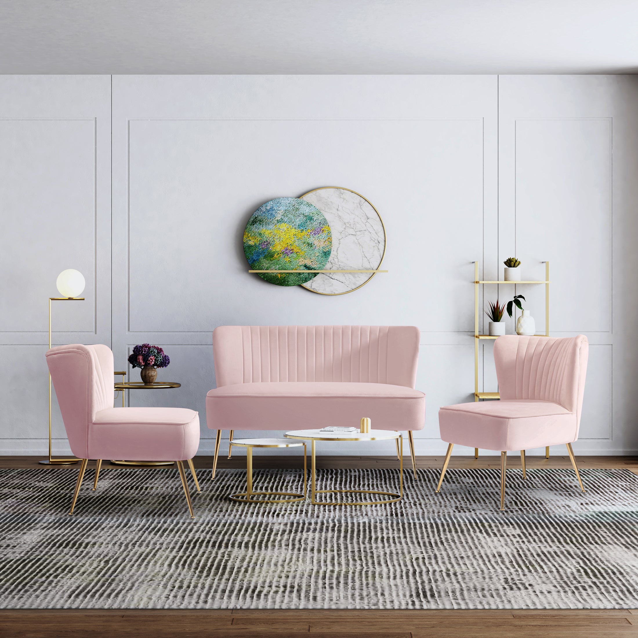 Alaia Mid Century Modern Tufted Velvet Loveseat Sofa and 22" Accent Chair 3-Piece Set