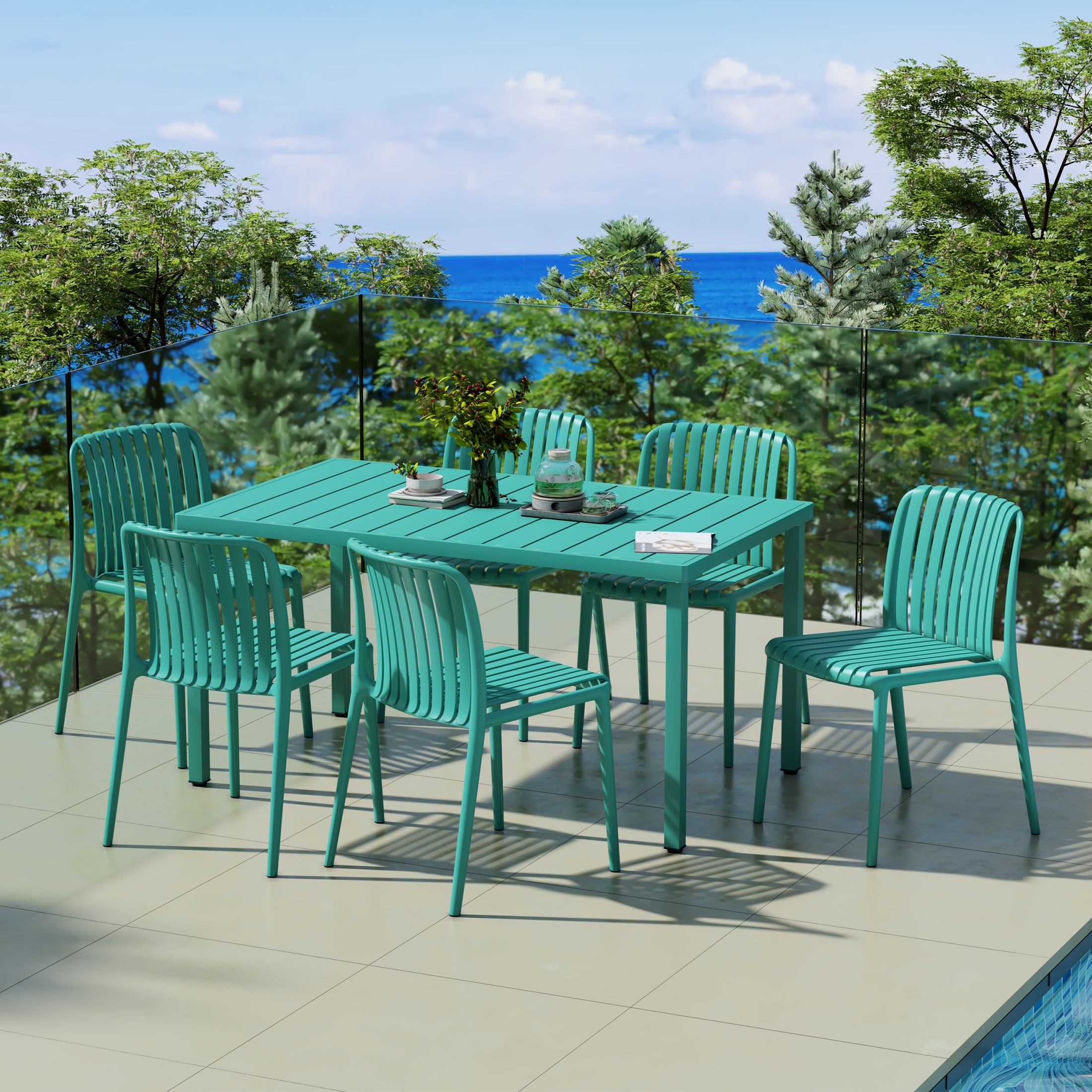 Sunshine 7-Piece Outdoor Patio Dining Table Set With Stackable Patio Chairs