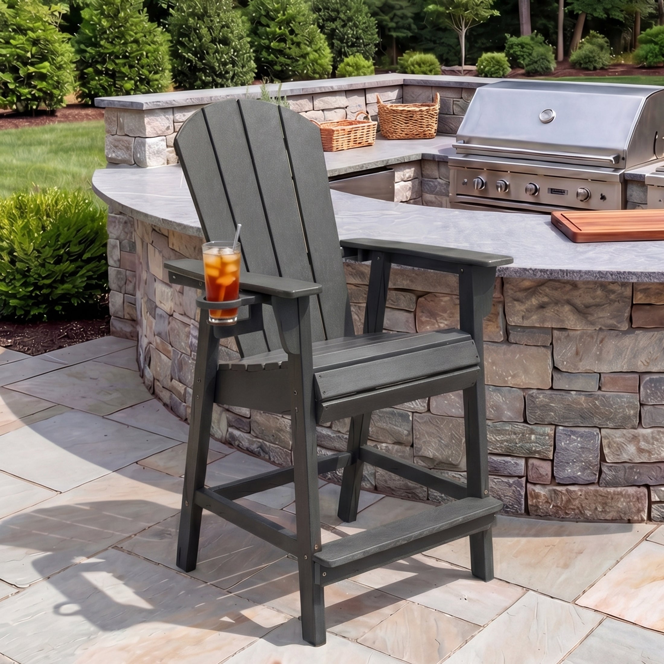 Paradise Outdoor HDPE  Tall Adirondack Counter Height Bar Chair With Cup Holder