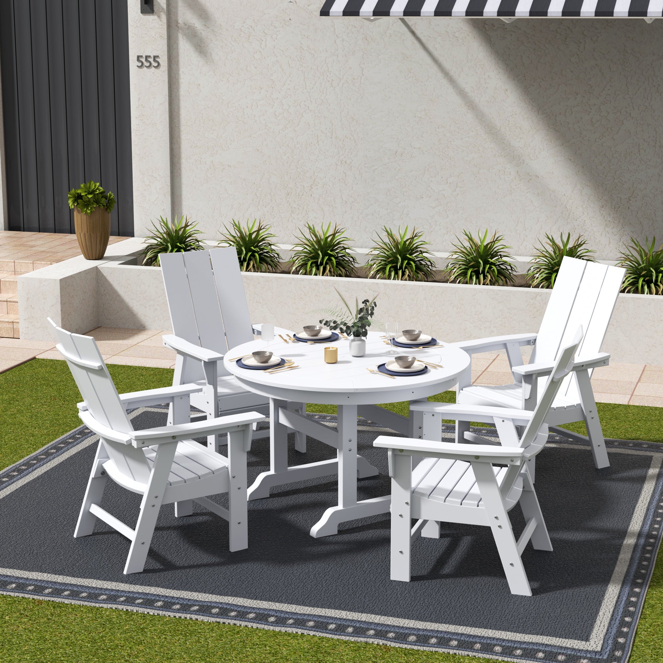 Palms 5 Piece Outdoor Patio Dining Round Table and Modern Armchair Set
