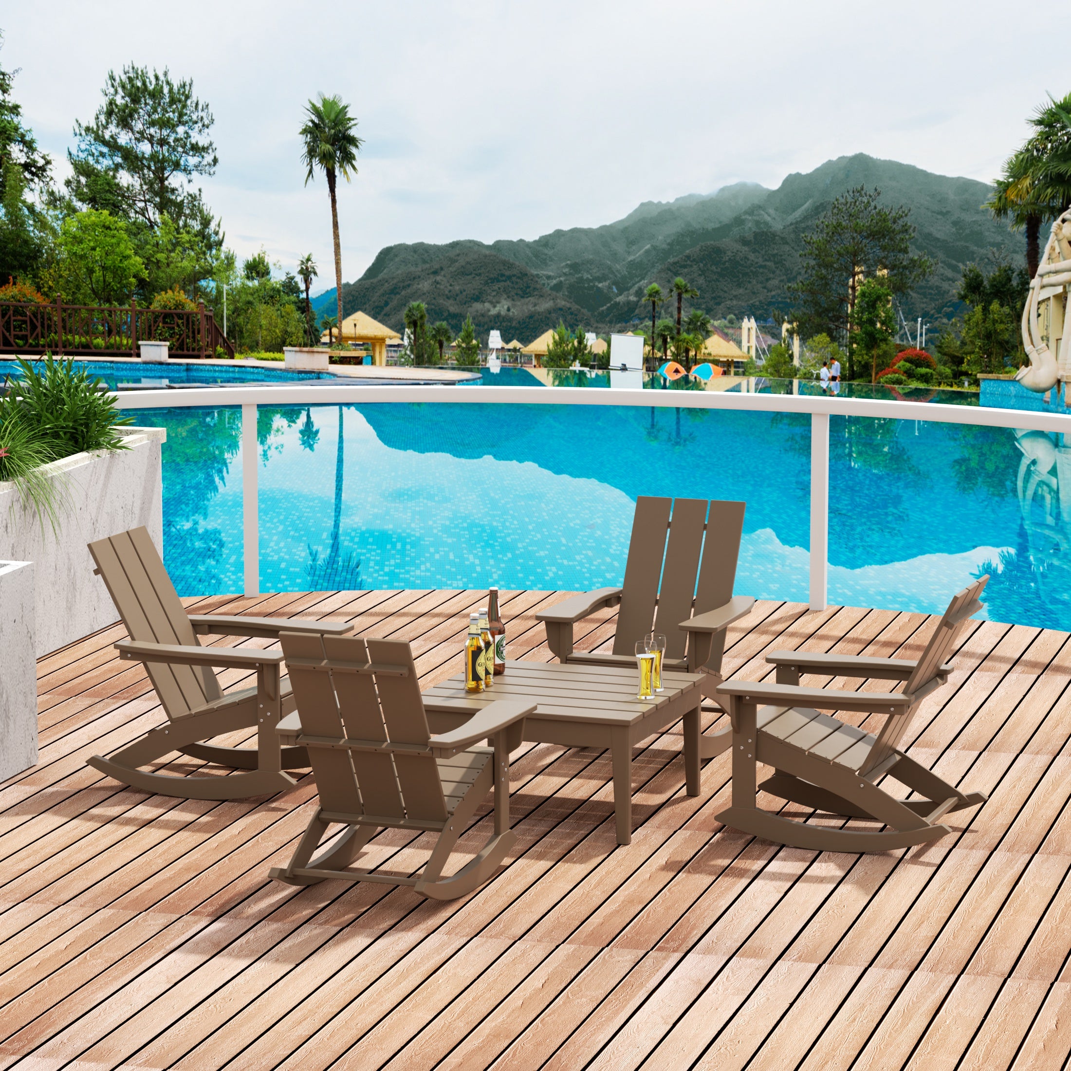 Palms 5-Piece Set Modern Plastic Outdoor Rocking Chairs with Square Side Table