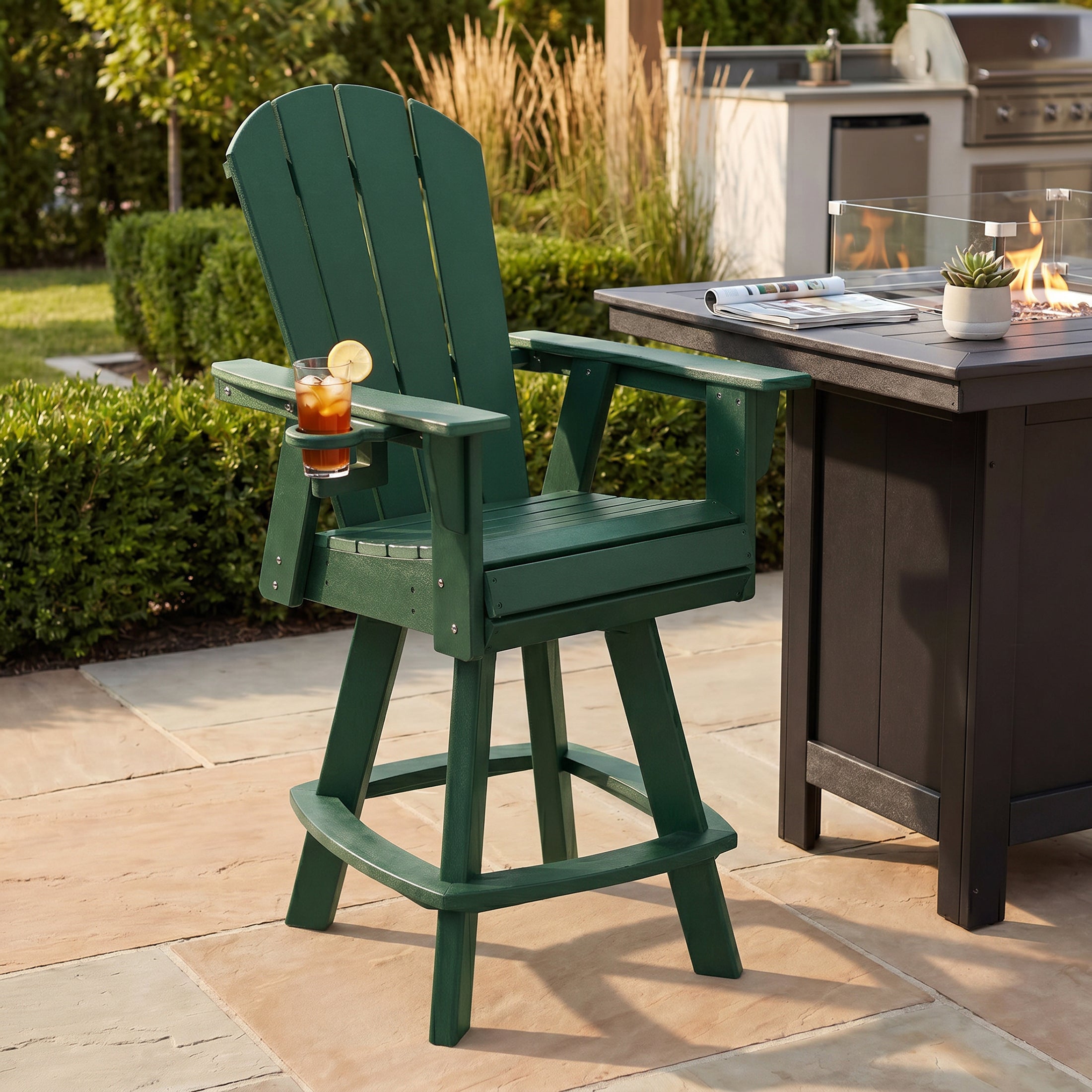 Paradise Outdoor HDPE Swivel Adirondack Bar Height Chair With Cup Holder