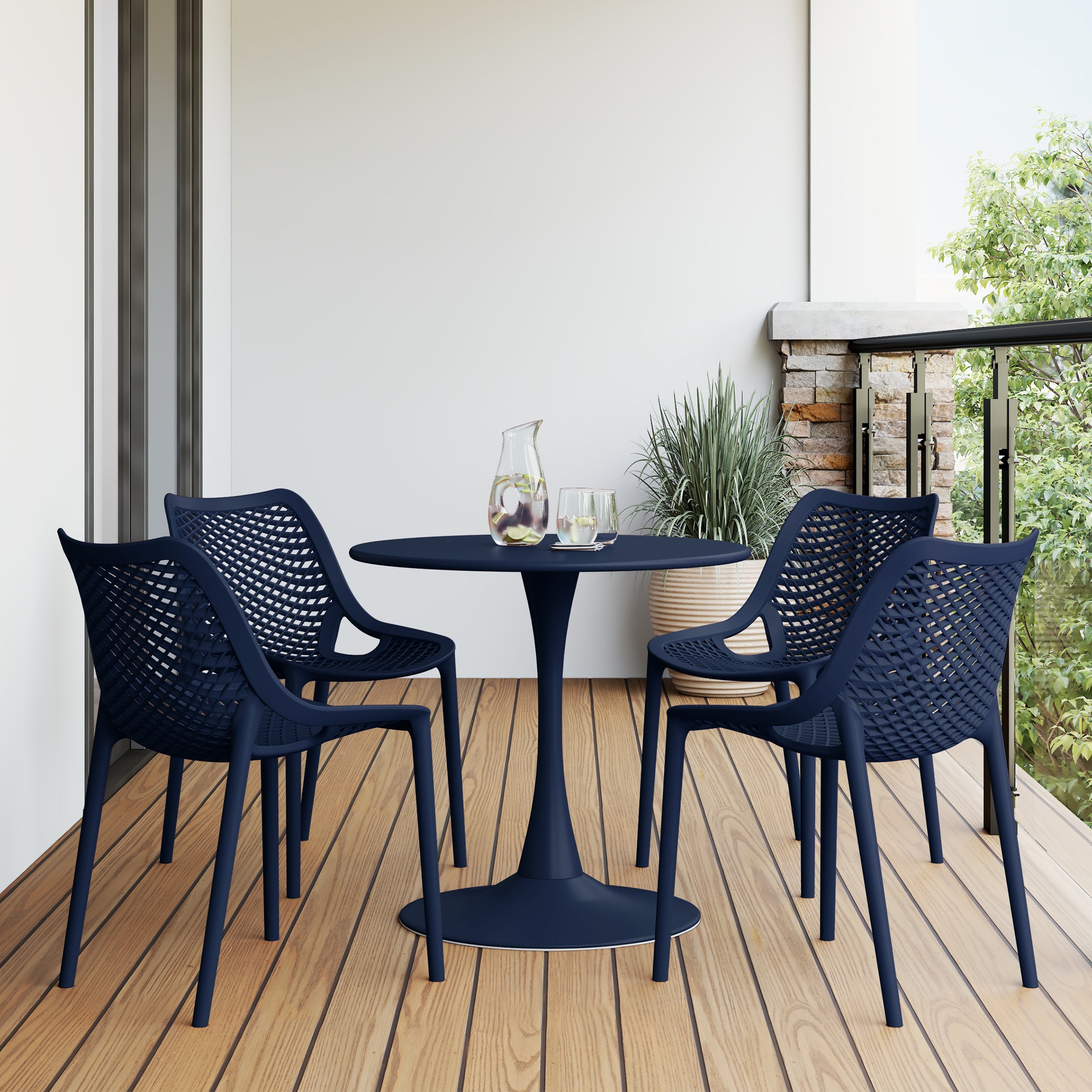 Sunshine 5-Piece Outdoor Indoor Round Metal Dining Table Set And Stackable Resin Patio Dining Side Chairs