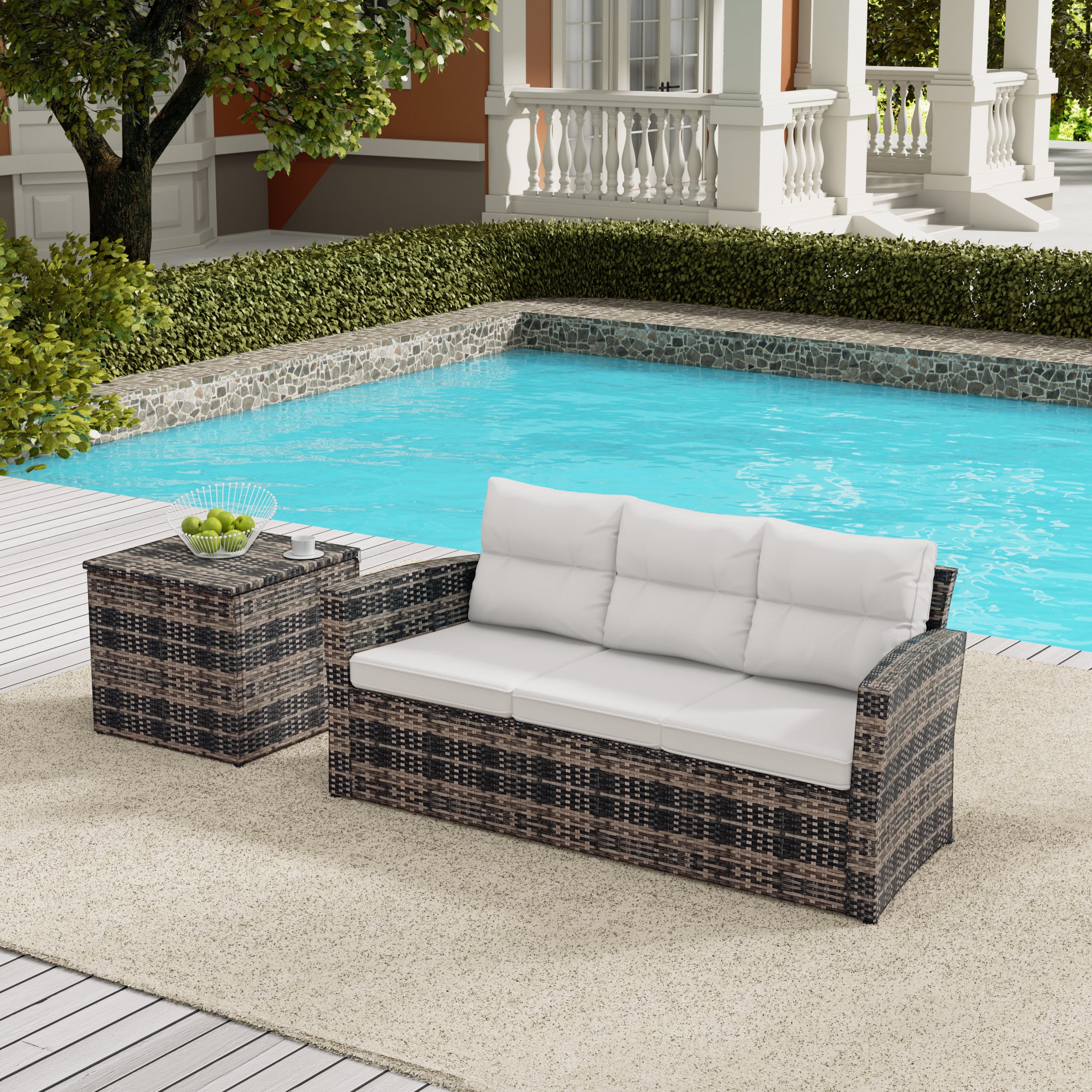 Maldives 2-Piece PE Rattan Wicker Outdoor Sofa with Cushions Side Table Set