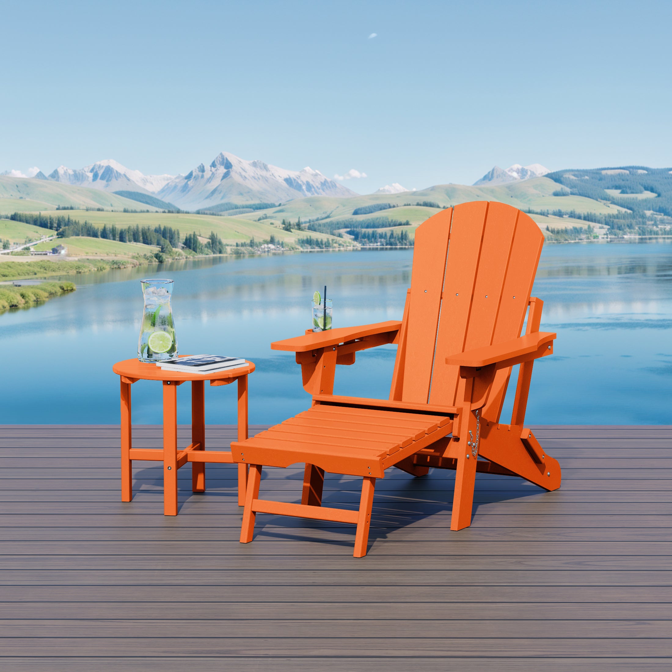 Paradise 2-Piece Outdoor Folding Adjustable Adirondack Chair with Cup Holder & Hideaway Ottoman and 18" Side Table