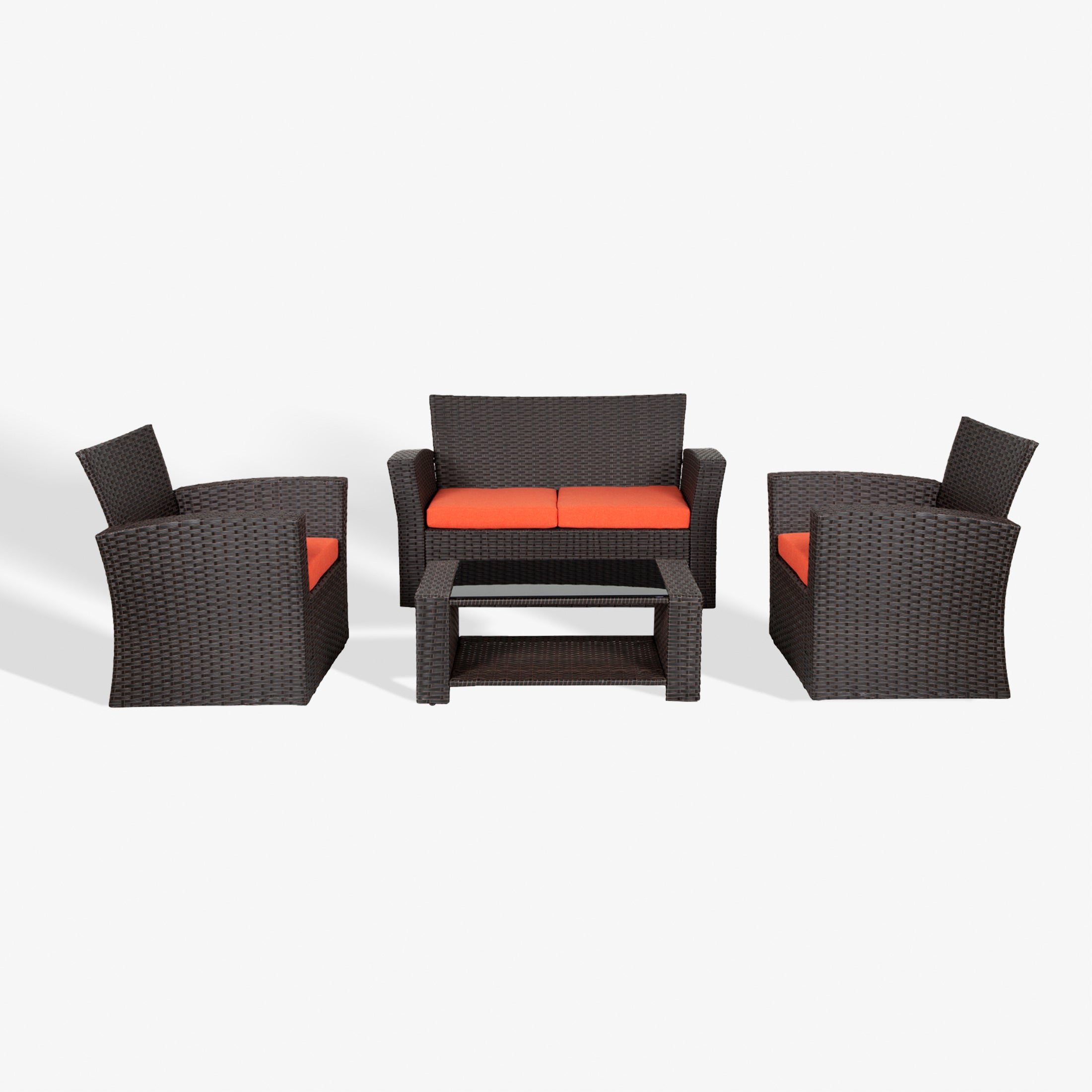 Wynston 4-Piece set Chocolate color base Outdoor / Patio Wicker Rattan Conversation Sofa set with cushions and a Coffee table ( 4 seater )