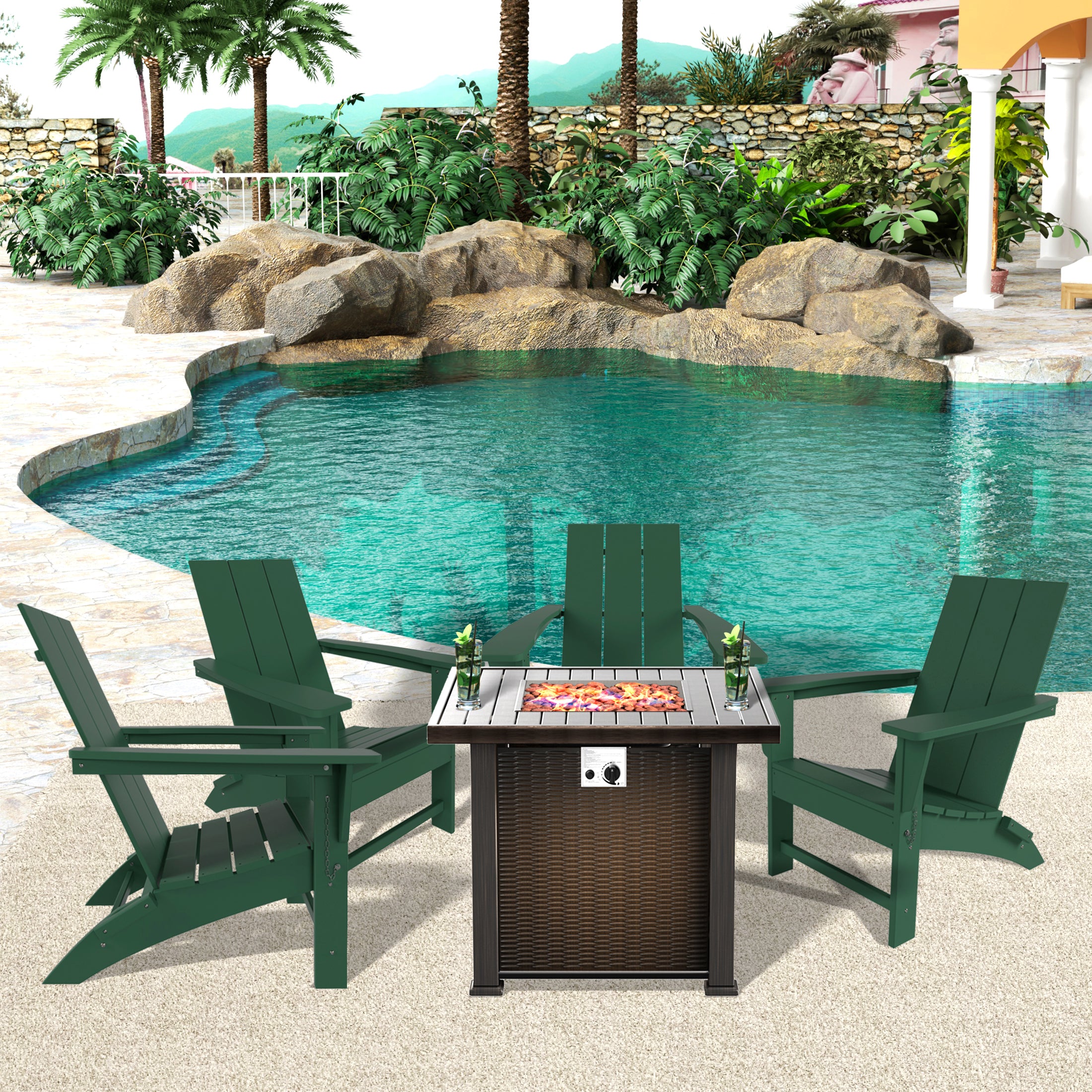 Palms Ashore Modern Folding Poly Adirondack Chair With Square Fire Pit Table