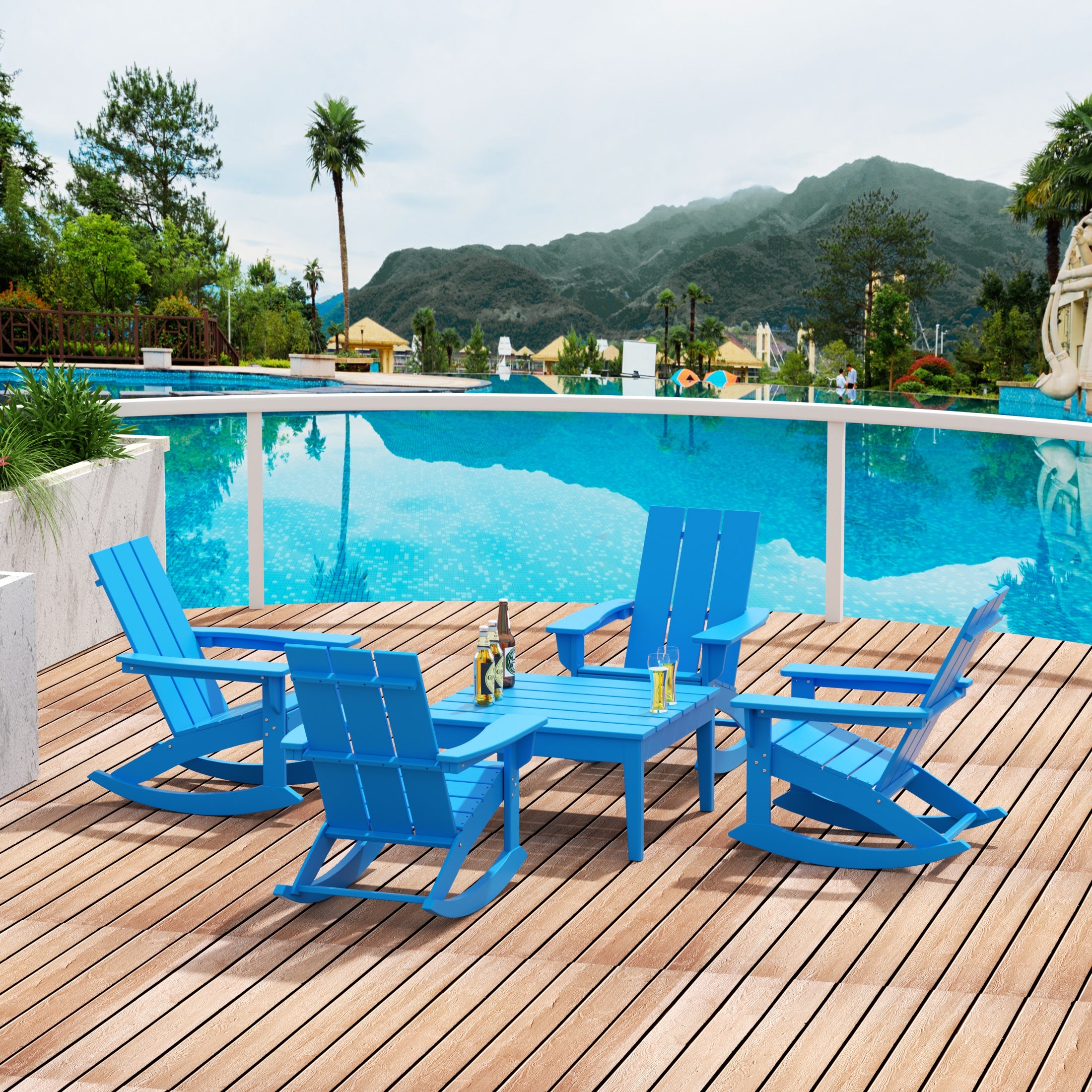 Palms 5-Piece Set Modern Plastic Outdoor Rocking Chairs with Square Side Table