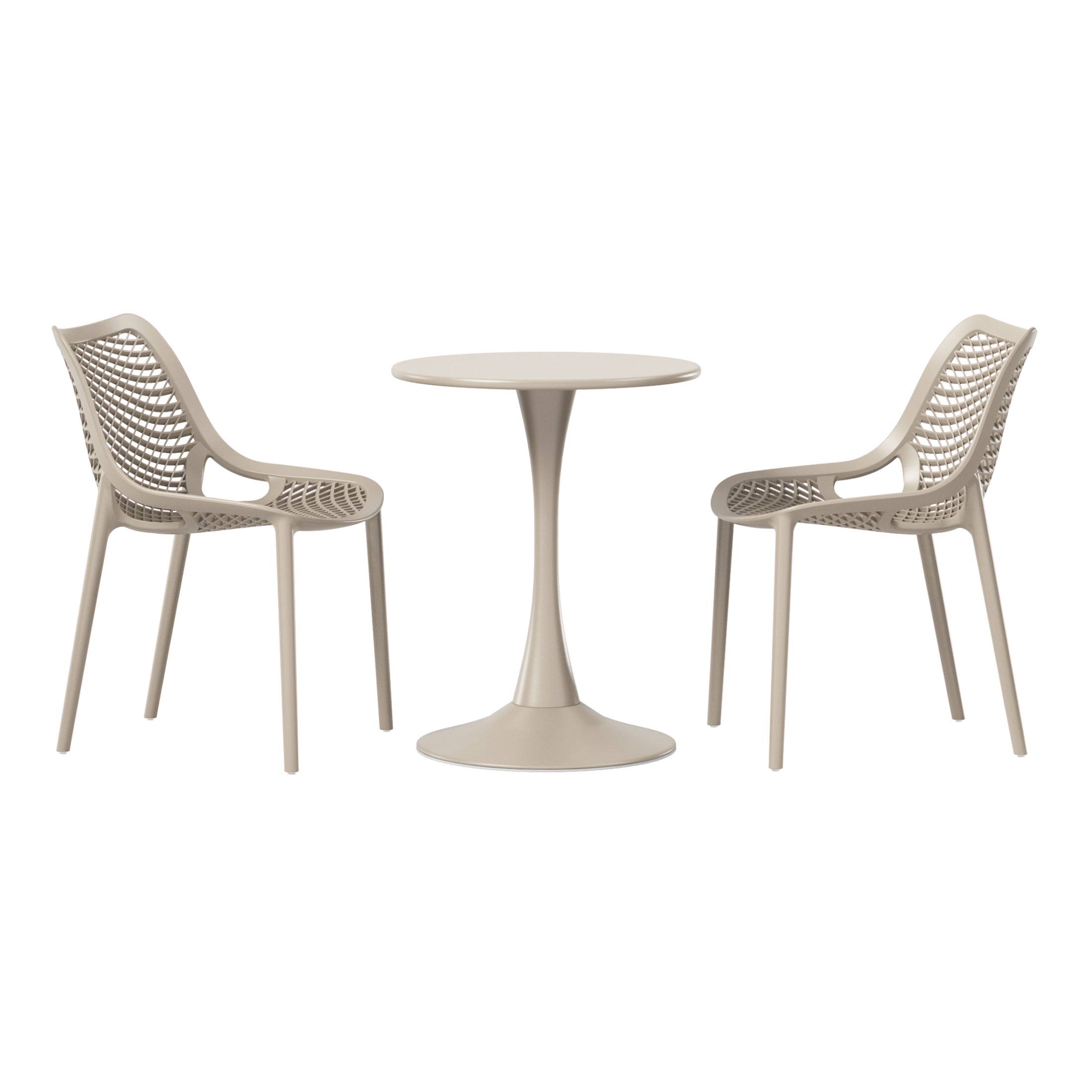 Sunshine 3-Piece Outdoor Round Metal Dining Table Set And Stackable Resin Patio Dining Side Chairs