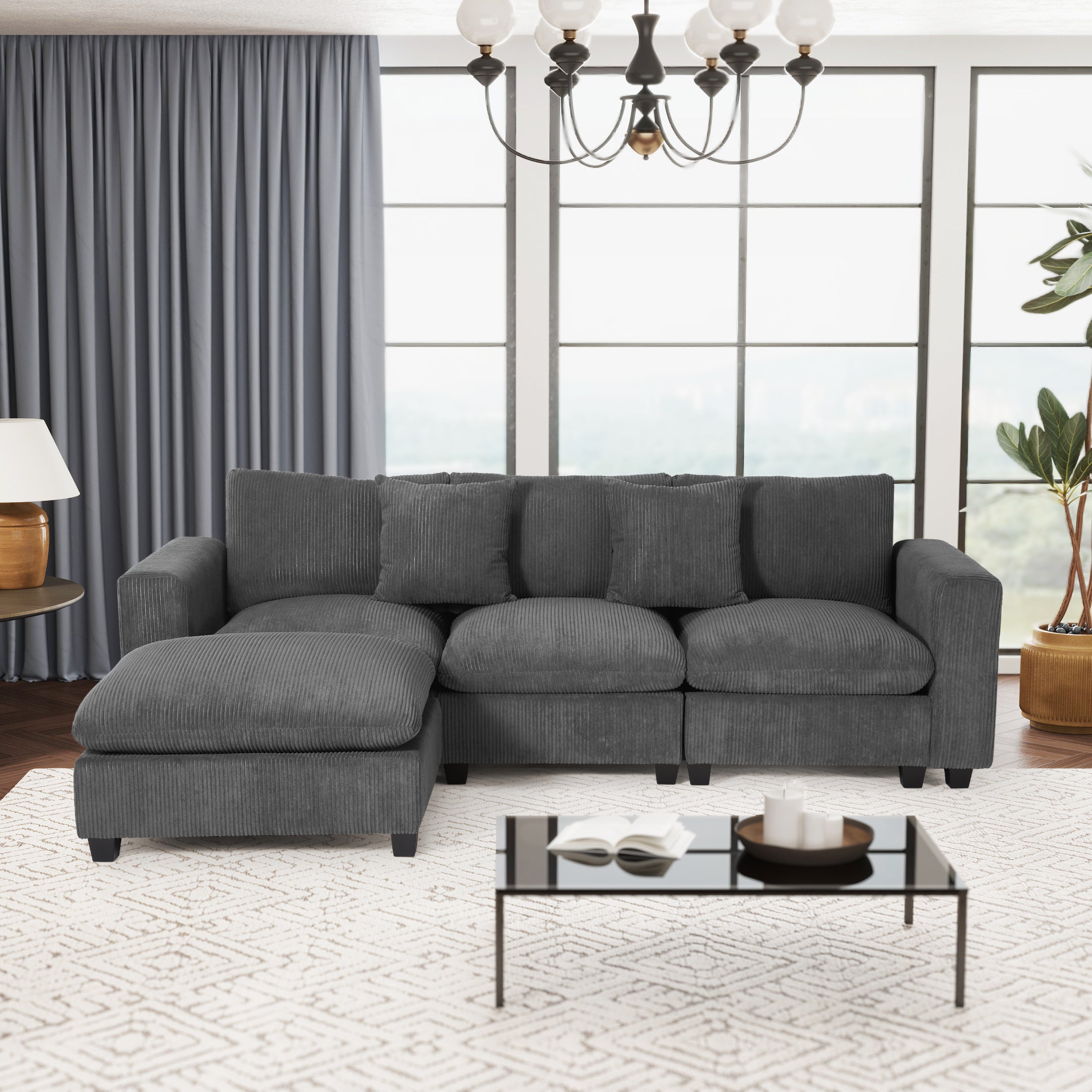 Ava 99" Modular Corduroy L-Shaped Sectional Sofa and Chaise With USB/Type-C Ports and Side Pockets