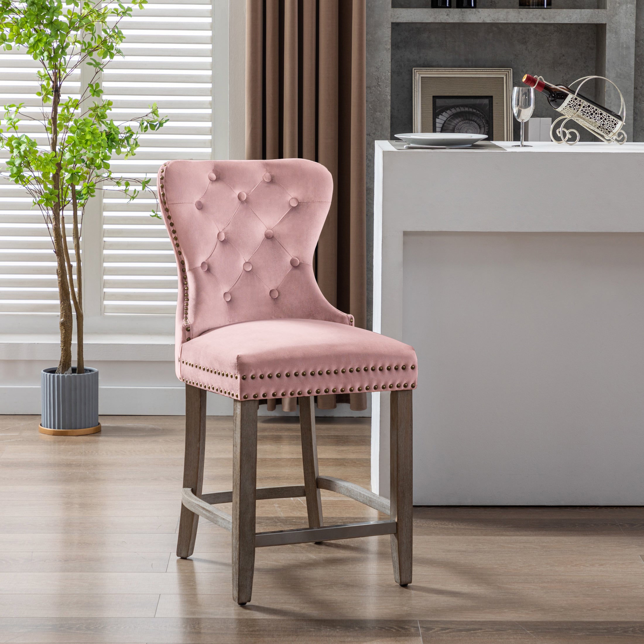 Hank 24" Tufted Velvet Counter Stool, Antique Gray