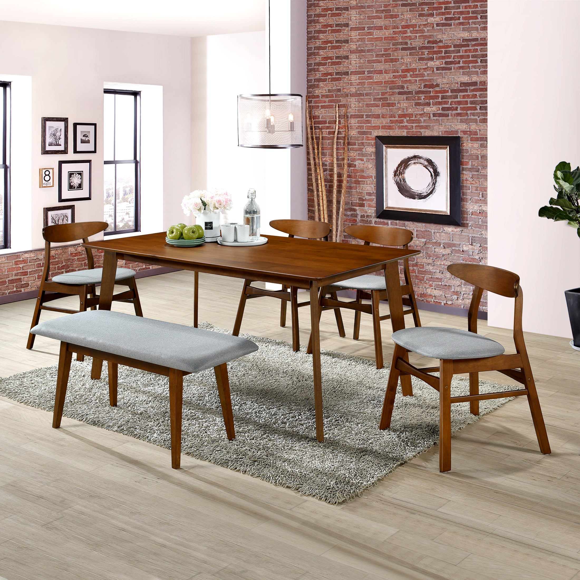 Scarsdale 6-Piece set solid Wood upholstered seat dining set with table, bench and chairs