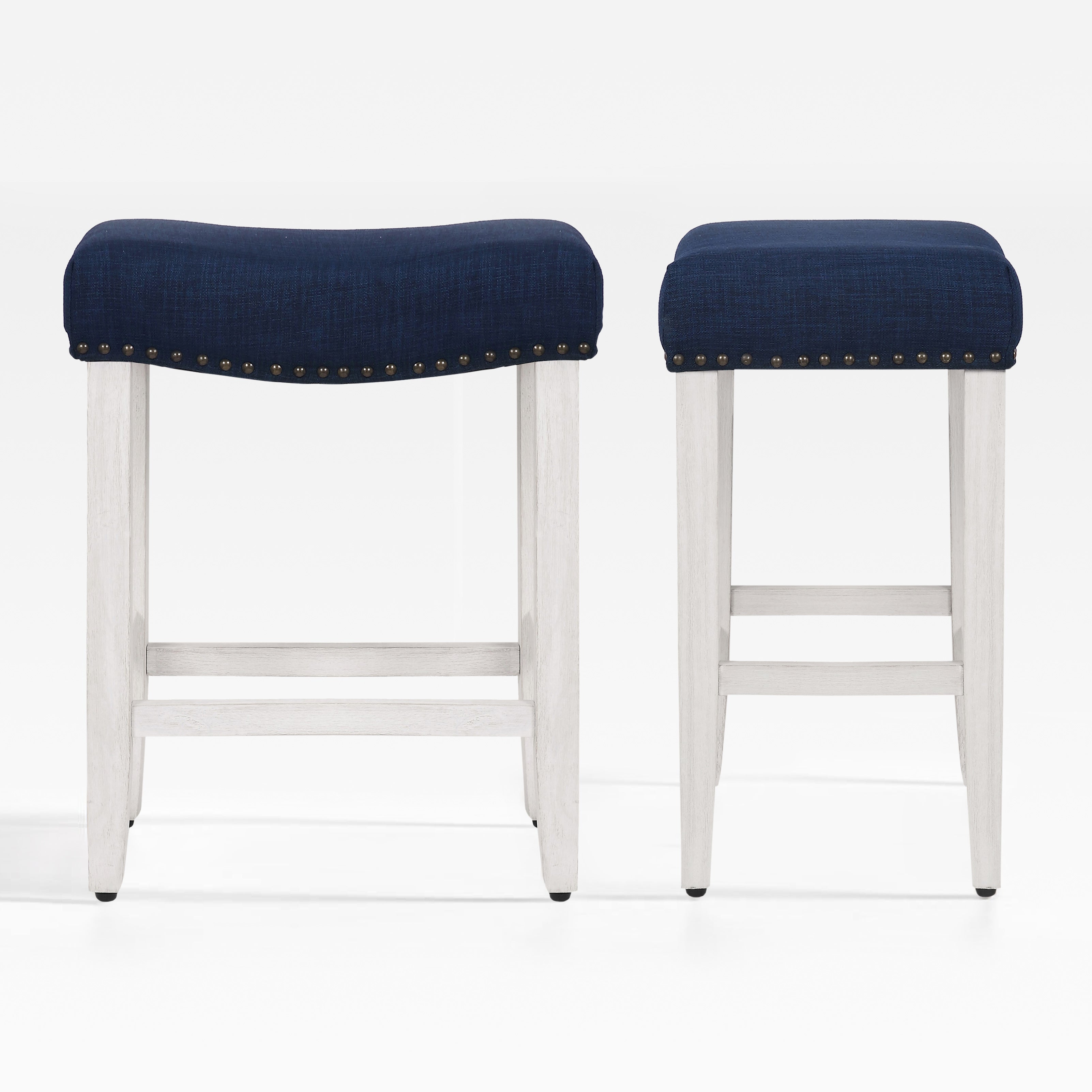 Bulmon 24" upholstered nail head bar counter stools with Antique White color legs (2 piece set)