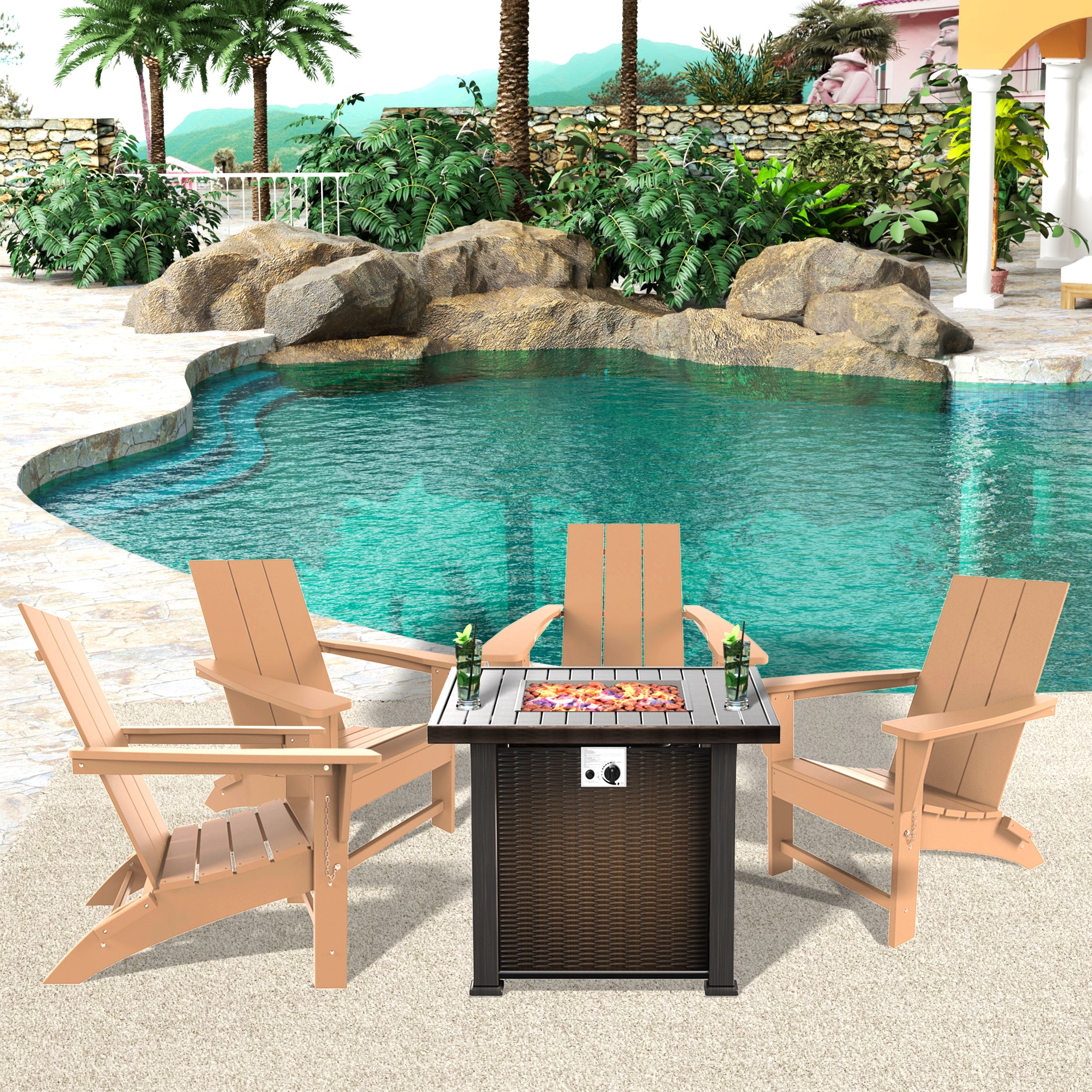 Palms Ashore Modern Folding Poly Adirondack Chair With Square Fire Pit Table