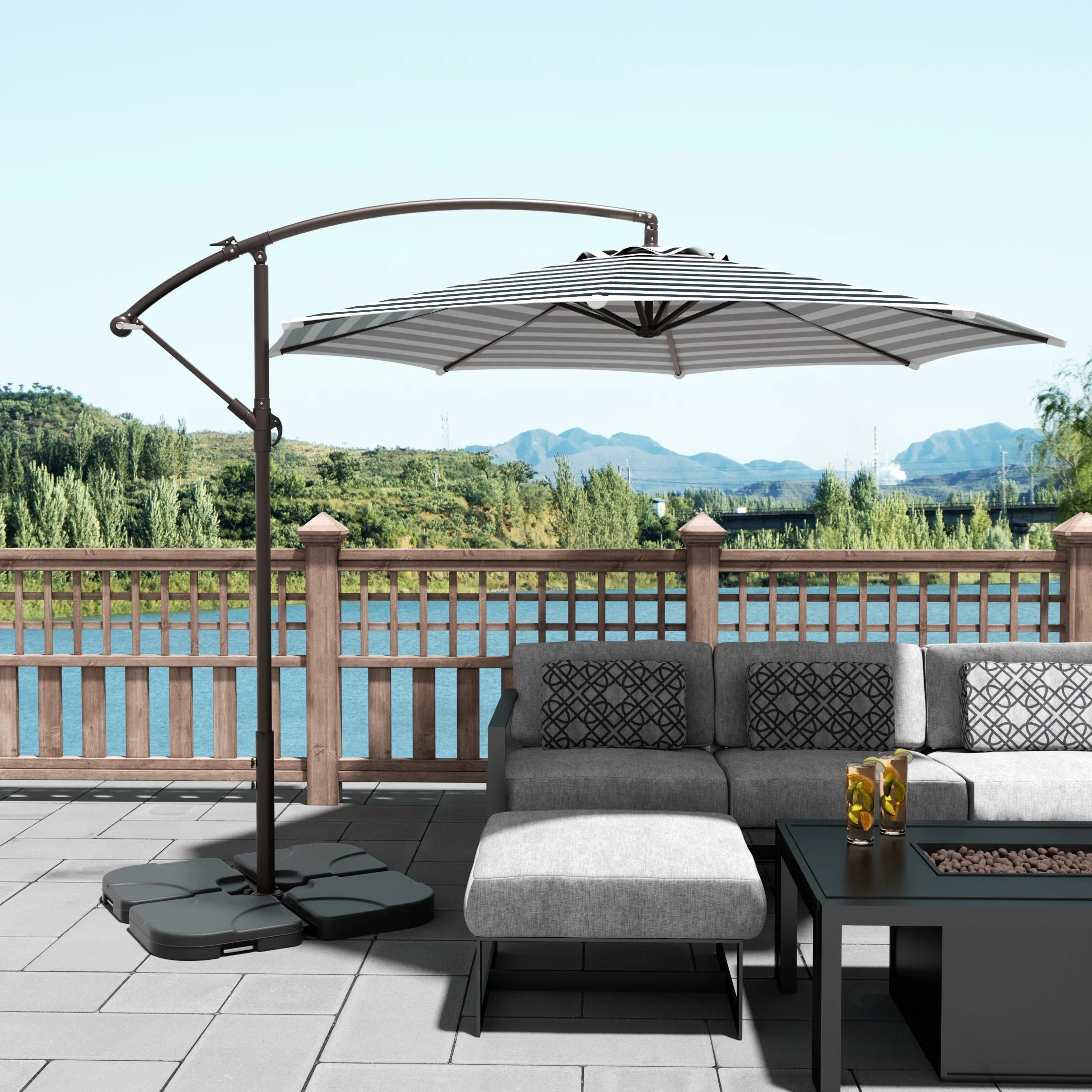 10 ft patio umbrella stand ELM 10" Ft Cantilever Offset Umbrella w/ 4-Piece Base Weights Included, Coffee