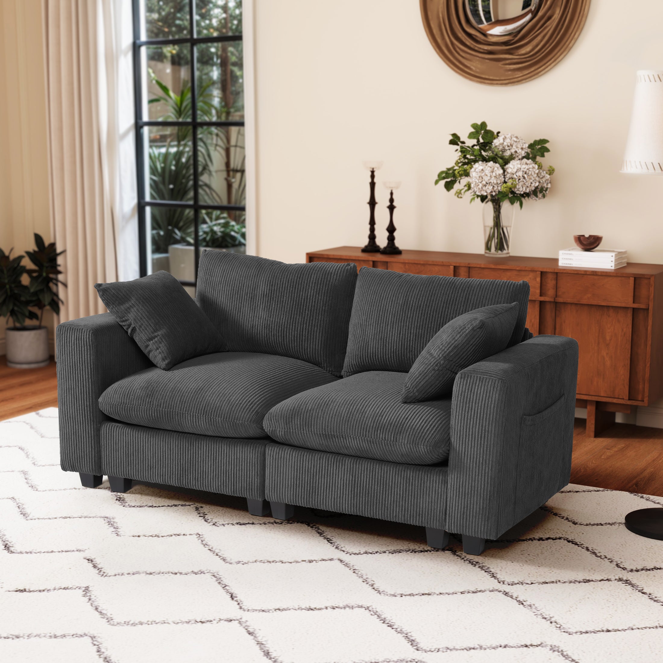 Ava 70" Modular Corduroy Loveseat Sofa With USB/Type-C Ports and Side Pockets