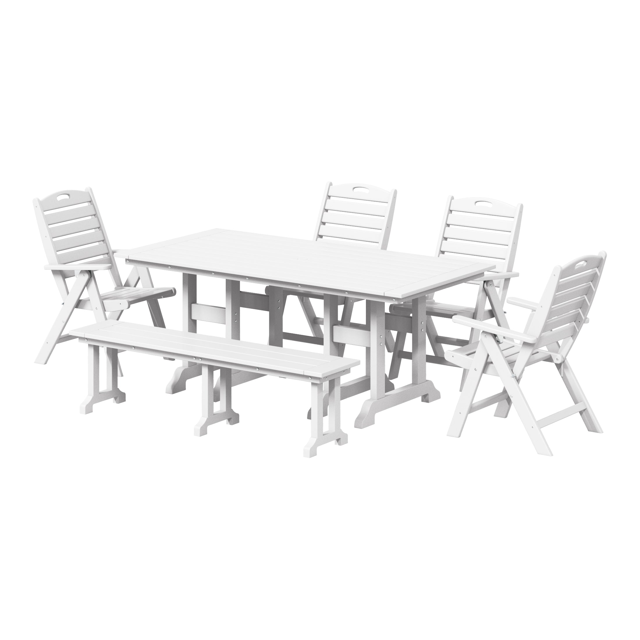 Paradise 6-Piece HDPE Rectangular Patio Dining Table Set with Foldable Chairs and Patio Bench