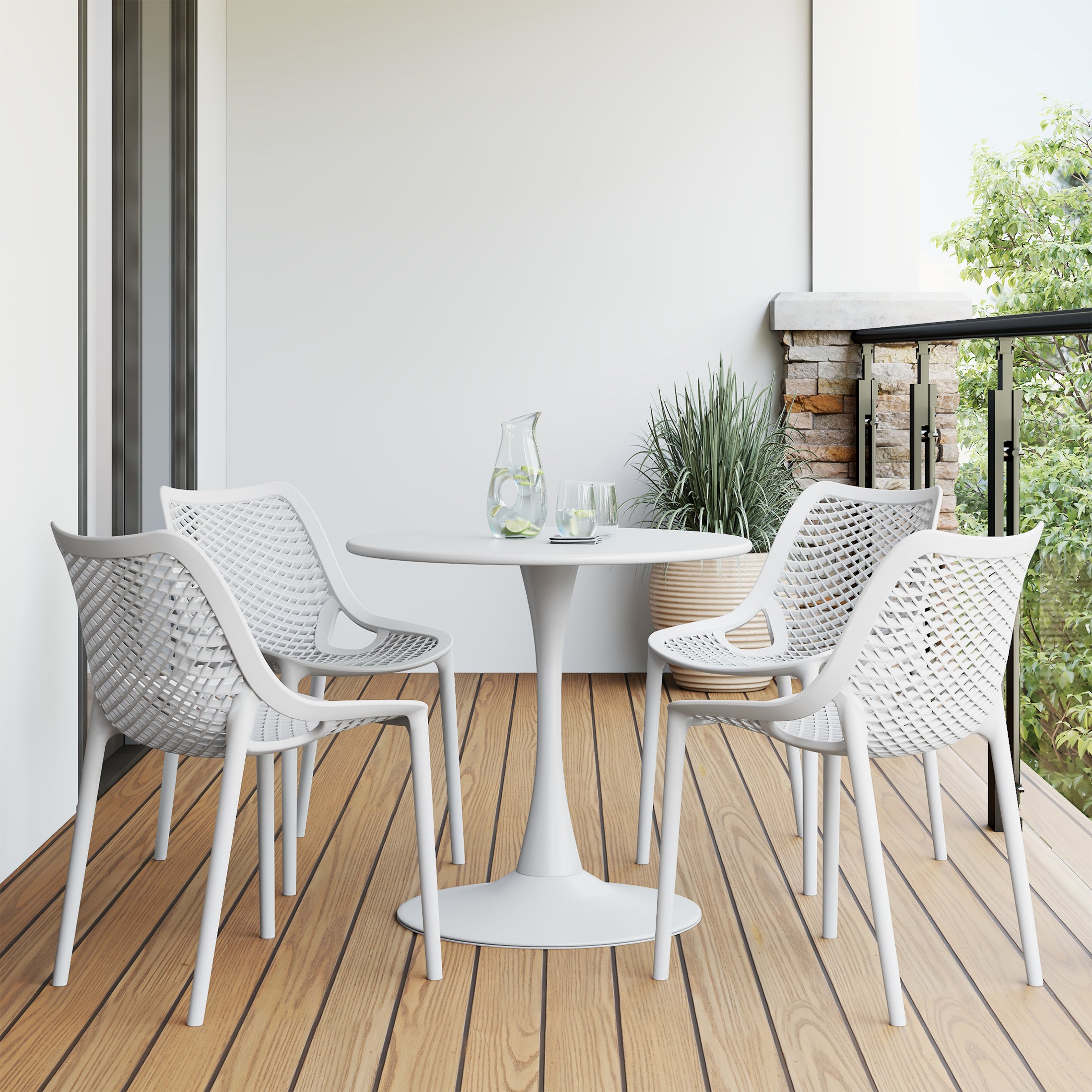 Sunshine 5-Piece Outdoor Indoor Round Metal Dining Table Set And Stackable Resin Patio Dining Side Chairs