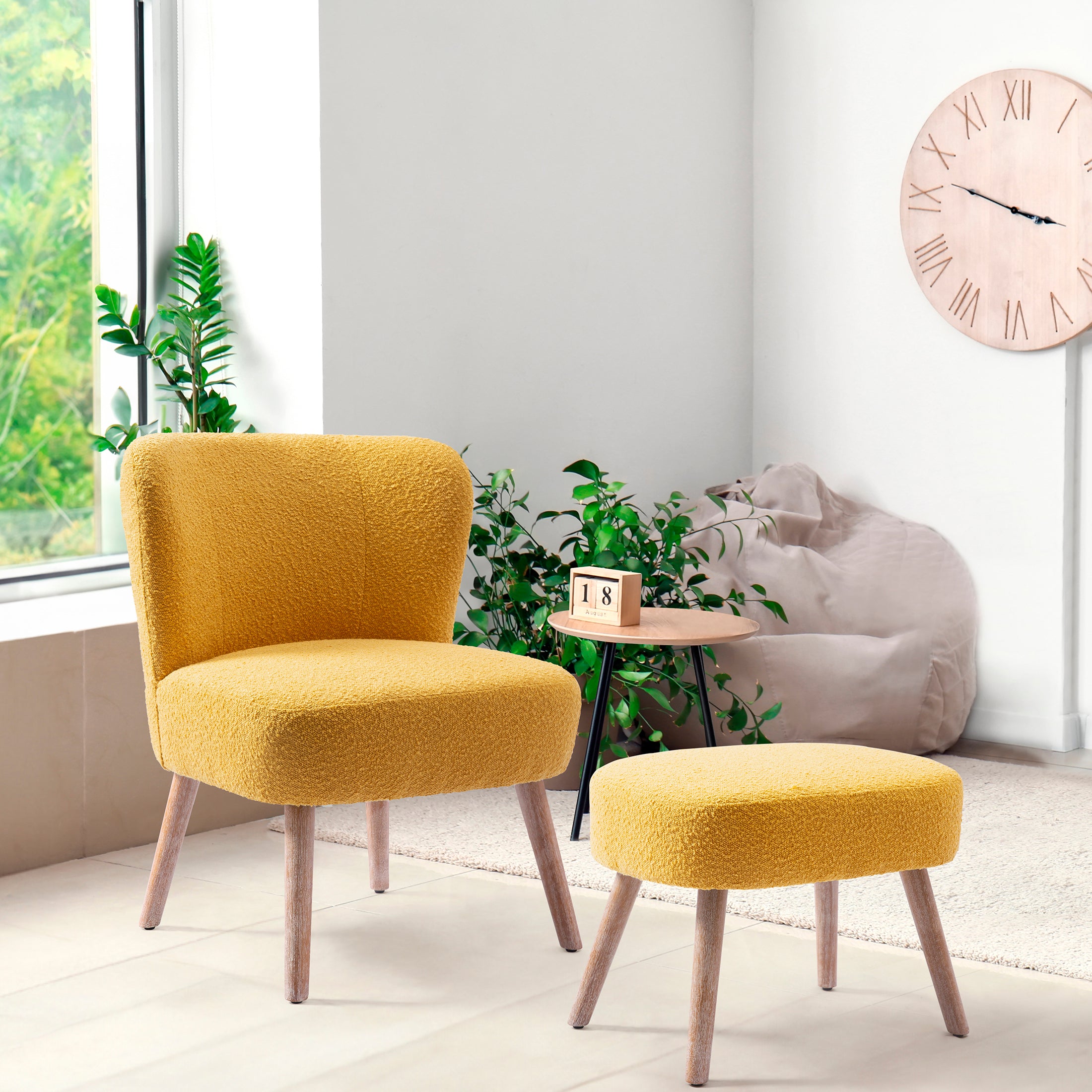 Amélie Mid-Century Boucle Accent Chair with Ottoman Foot Stool Set
