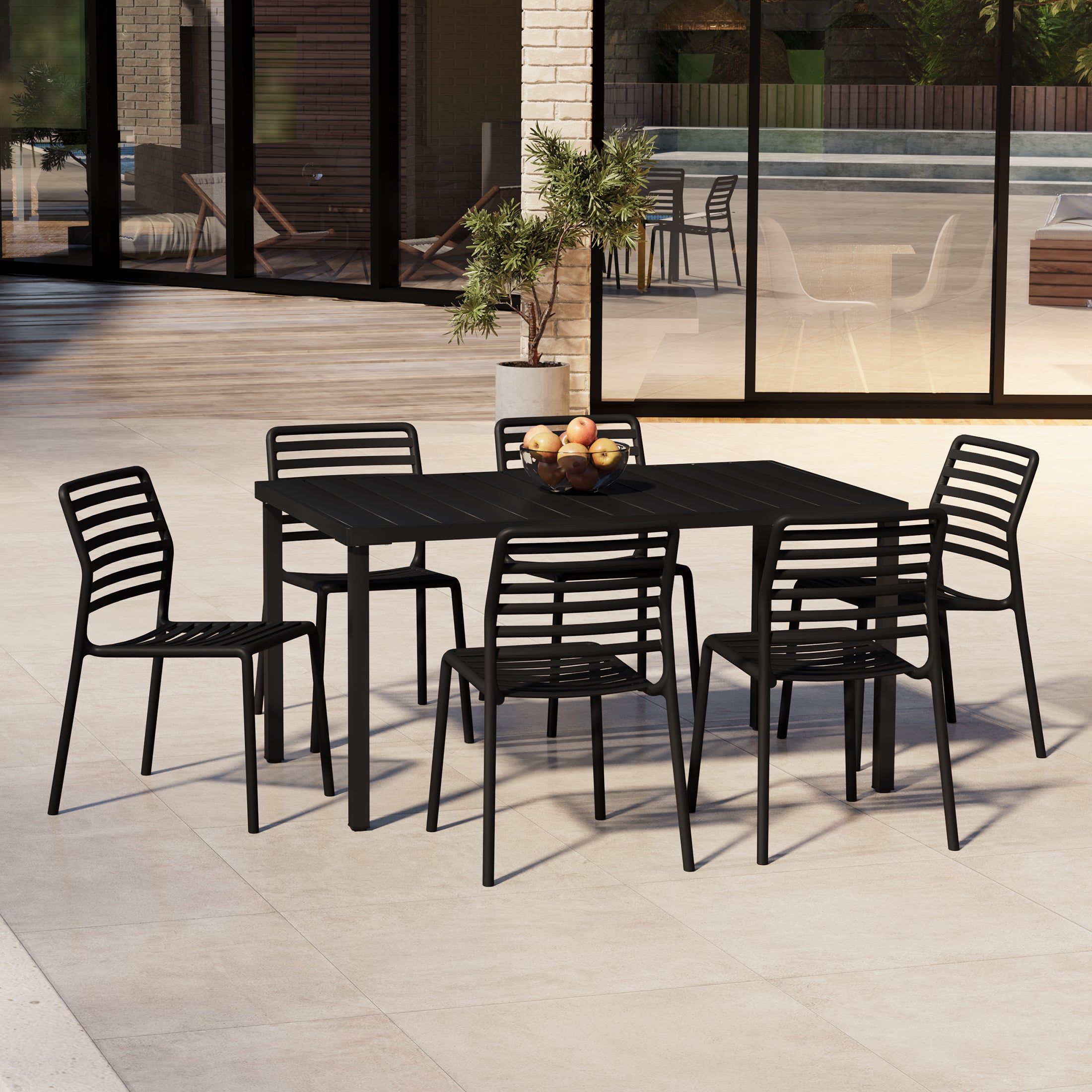 Sunshine 7-Piece Metal Rectangular Patio Dining Table Set With Stackable Plastic Dining Chairs For 6