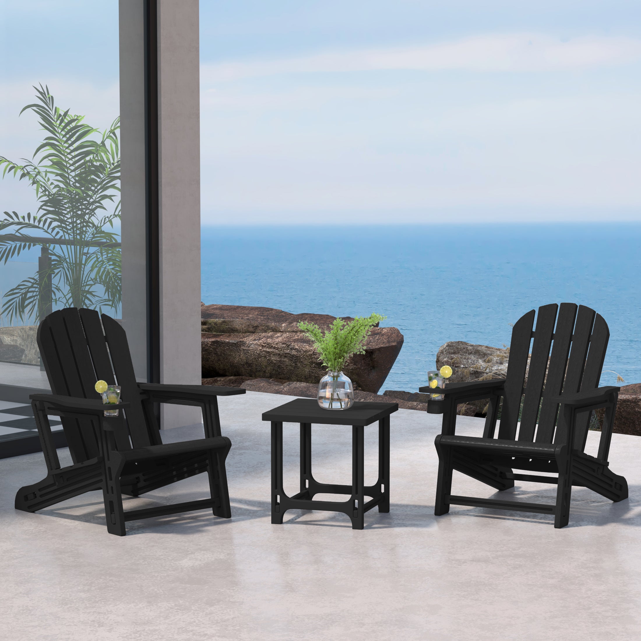 Cayman 3-Piece HDPE Plastic Adirondack Patio Chairs With 18" Square Side Table Set