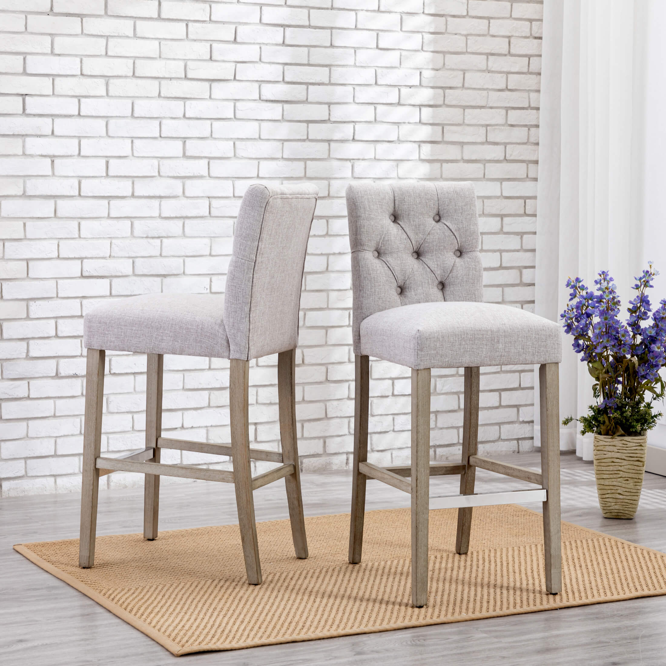 Bellmount 29" Linen Fabric Tufted Counter Stool (Set of 2),Antique Gray