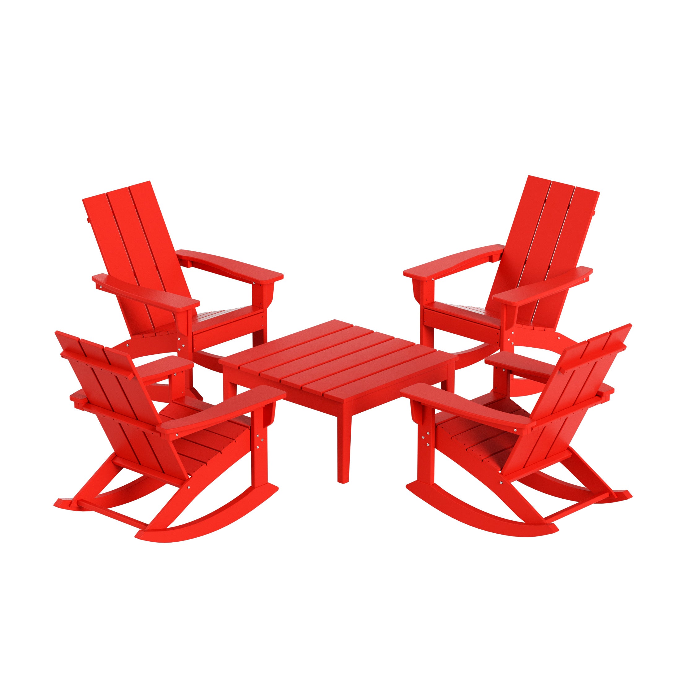 Palms 5-Piece Set Modern Plastic Outdoor Rocking Chairs with Square Side Table