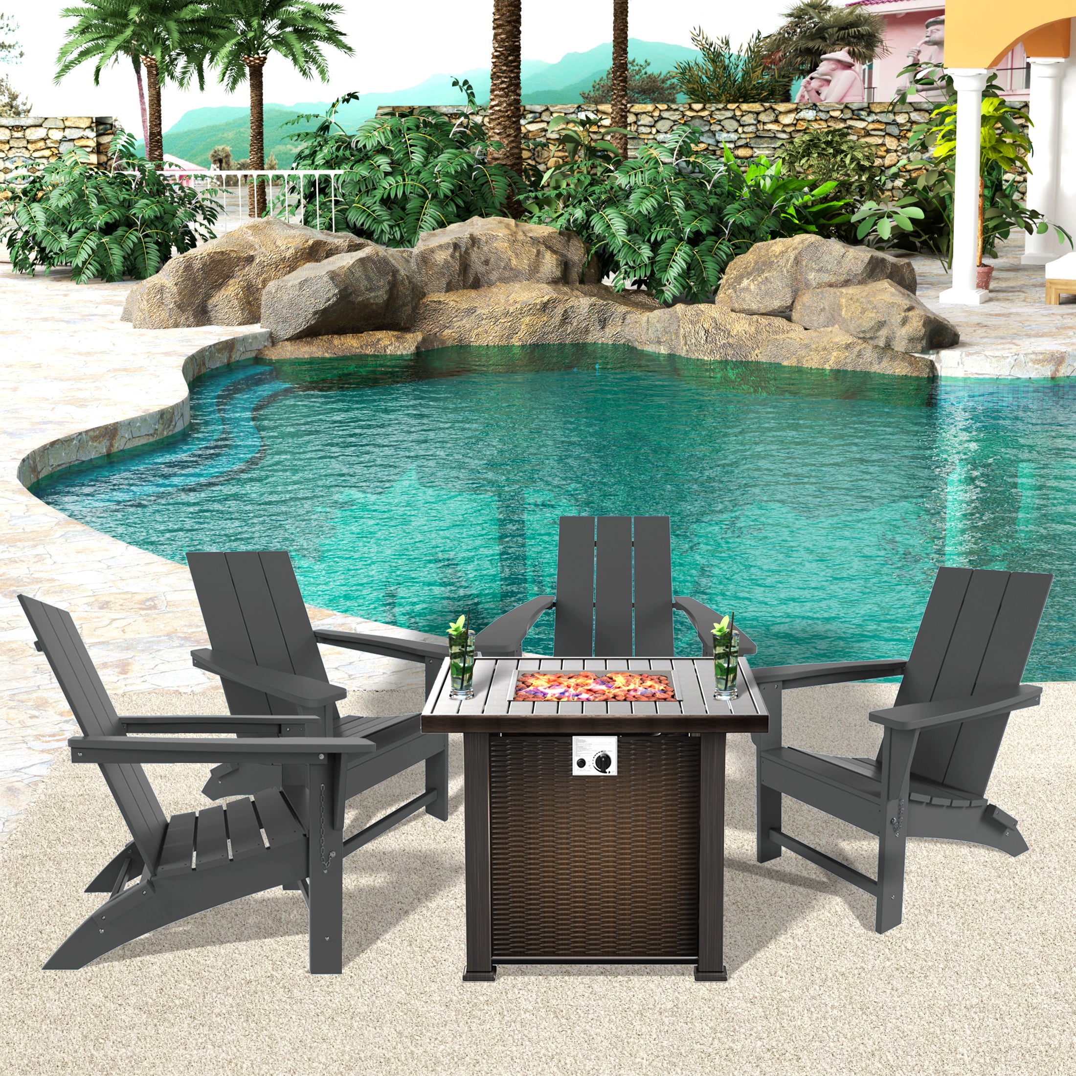 Palms Ashore Modern Folding Poly Adirondack Chair With Square Fire Pit Table