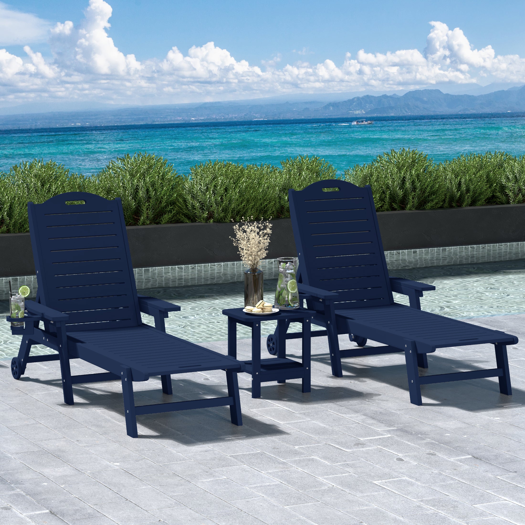 Lago 3-Piece Outdoor Patio Chaise Lounge Chair with Wheels & Cup Holder with Patio Side Table