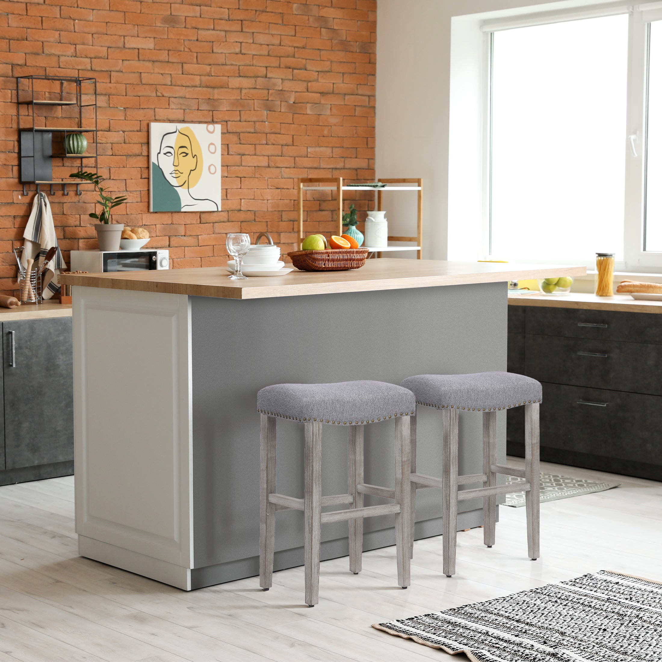 Bulmon 29" upholstered nail head bar counter stools with Antique Gray color legs (2 piece set)