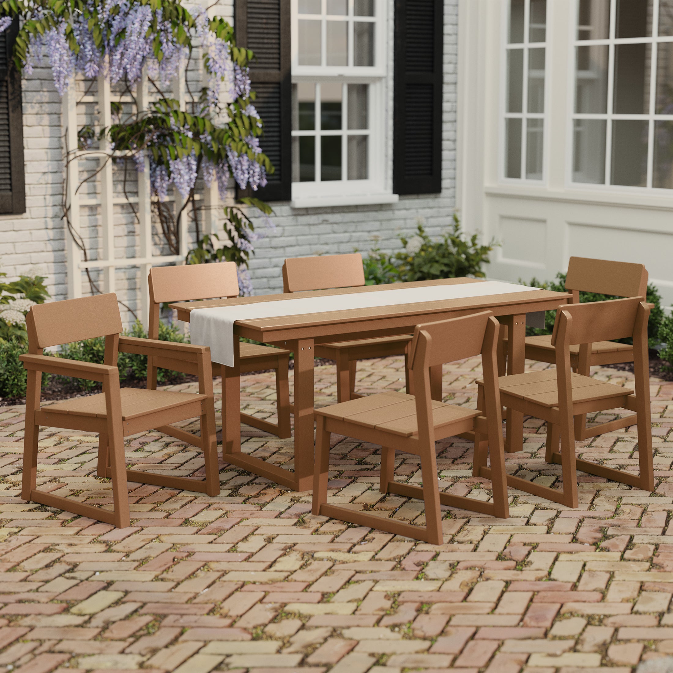 Cambria 7-Piece Modern HDPE Outdoor Patio Dining Table Set With Umbrella Hole