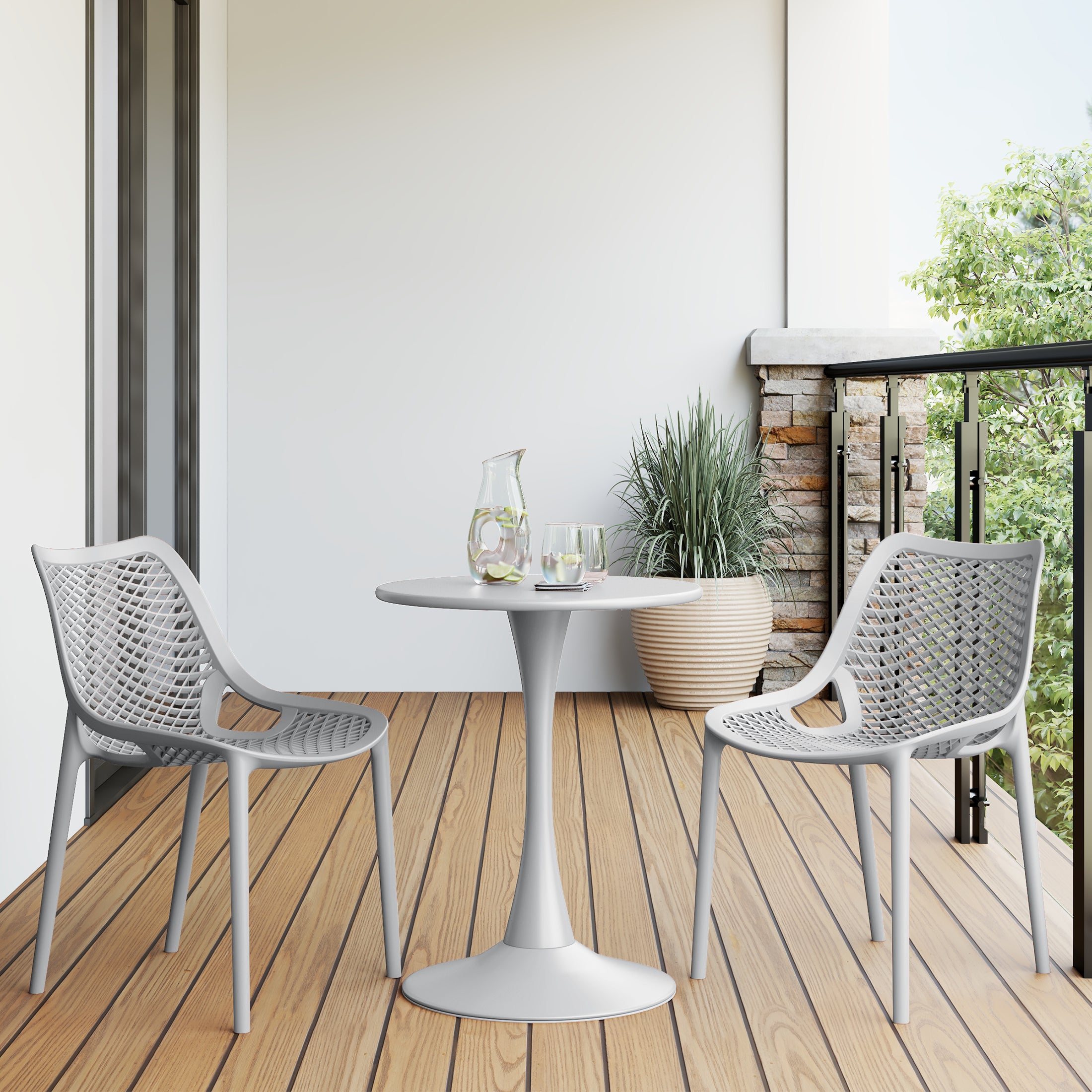 Sunshine 3-Piece Outdoor Round Metal Dining Table Set And Stackable Resin Patio Dining Side Chairs