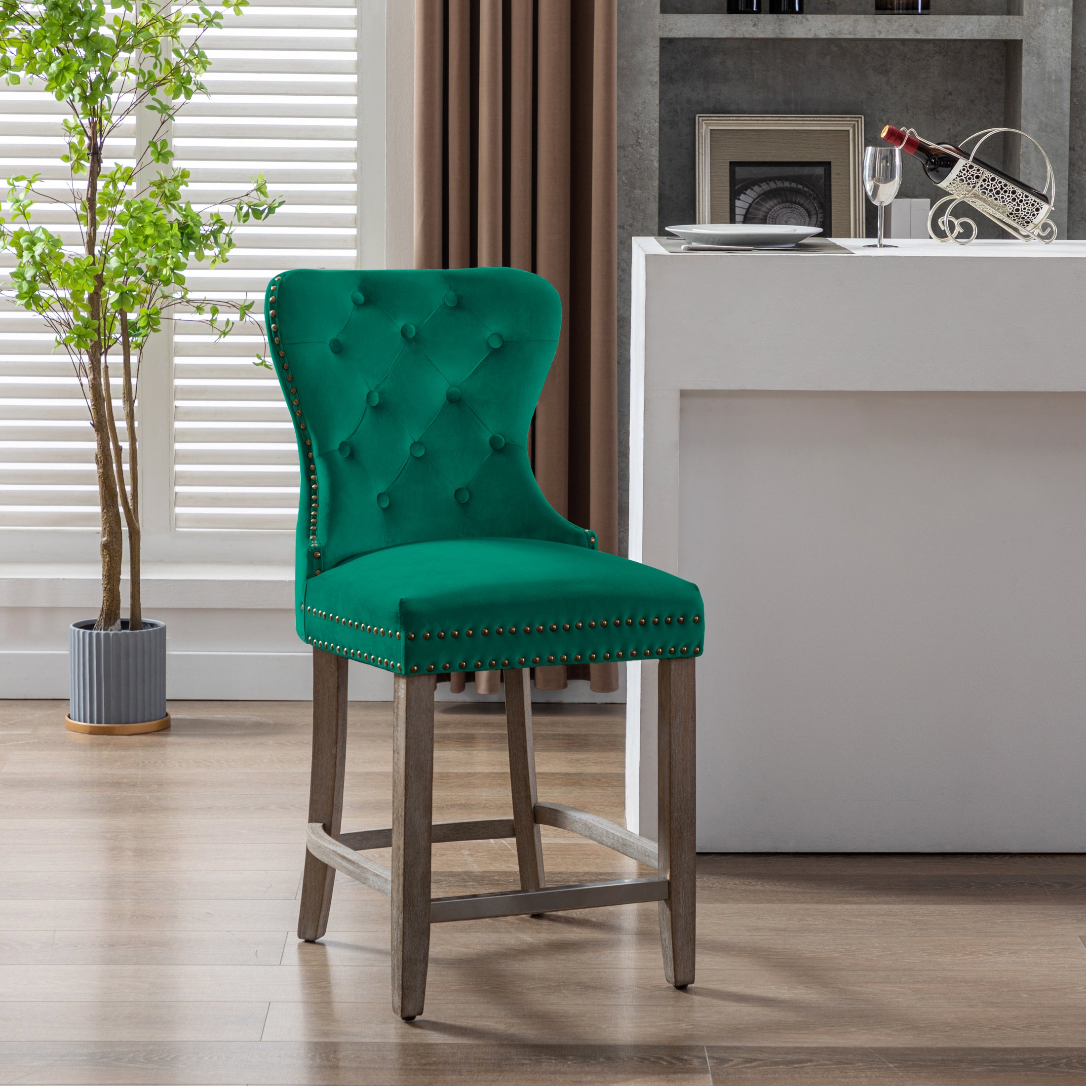 Hank 24" Tufted Velvet Counter Stool, Antique Gray