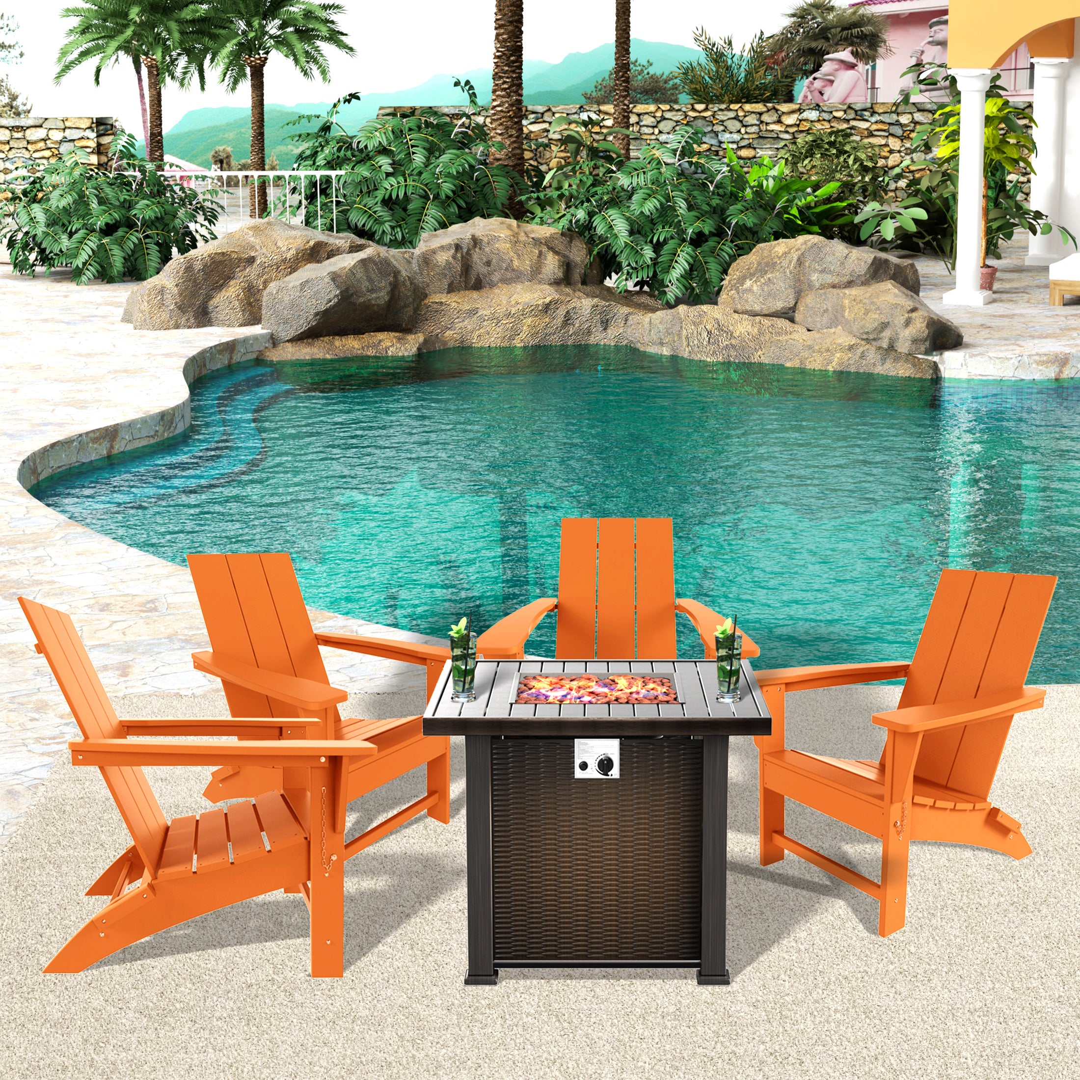Palms Ashore Modern Folding Poly Adirondack Chair With Square Fire Pit Table