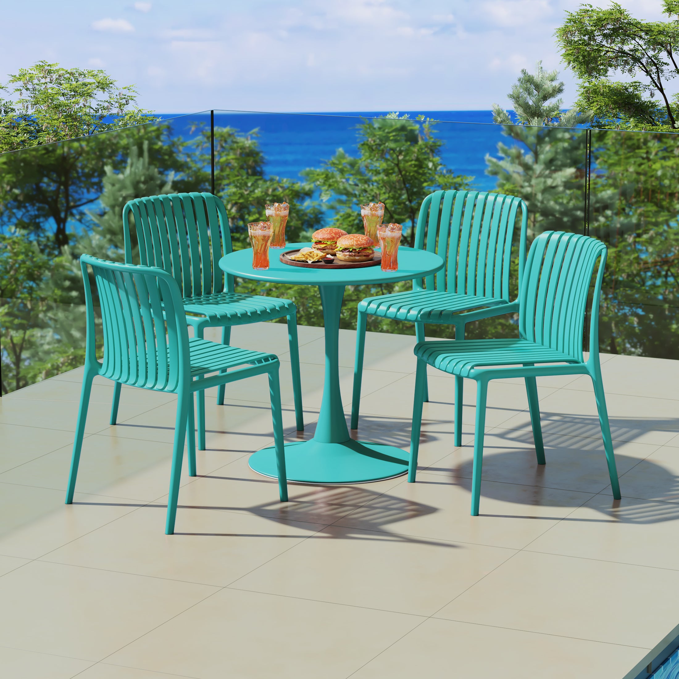 Sunshine 5-Piece Outdoor Metal Dining Table Set And Stackable Resin Patio Chairs