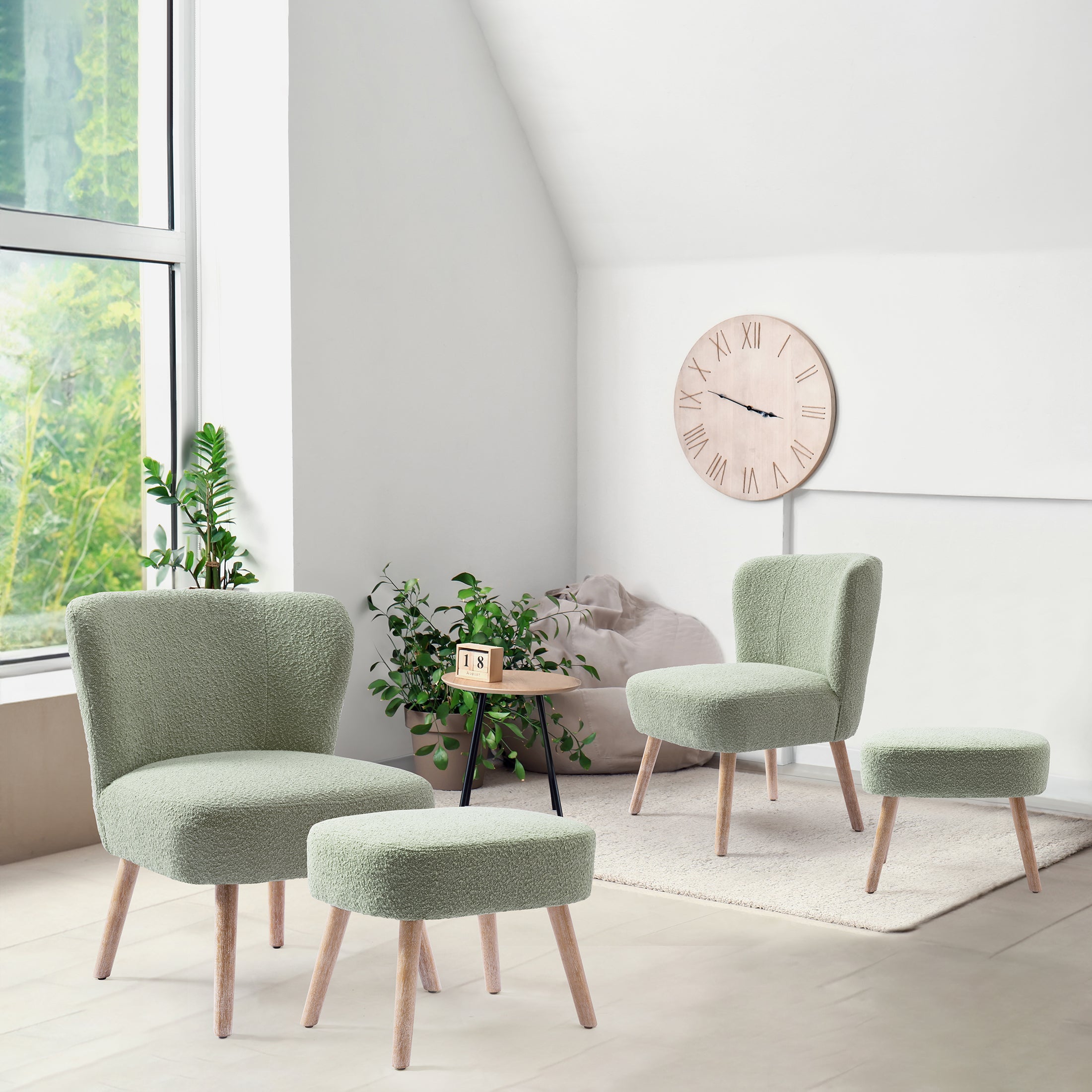 Amélie 4-Piece Set Mid-Century Boucle Accent Chairs with Ottoman Foot Stools