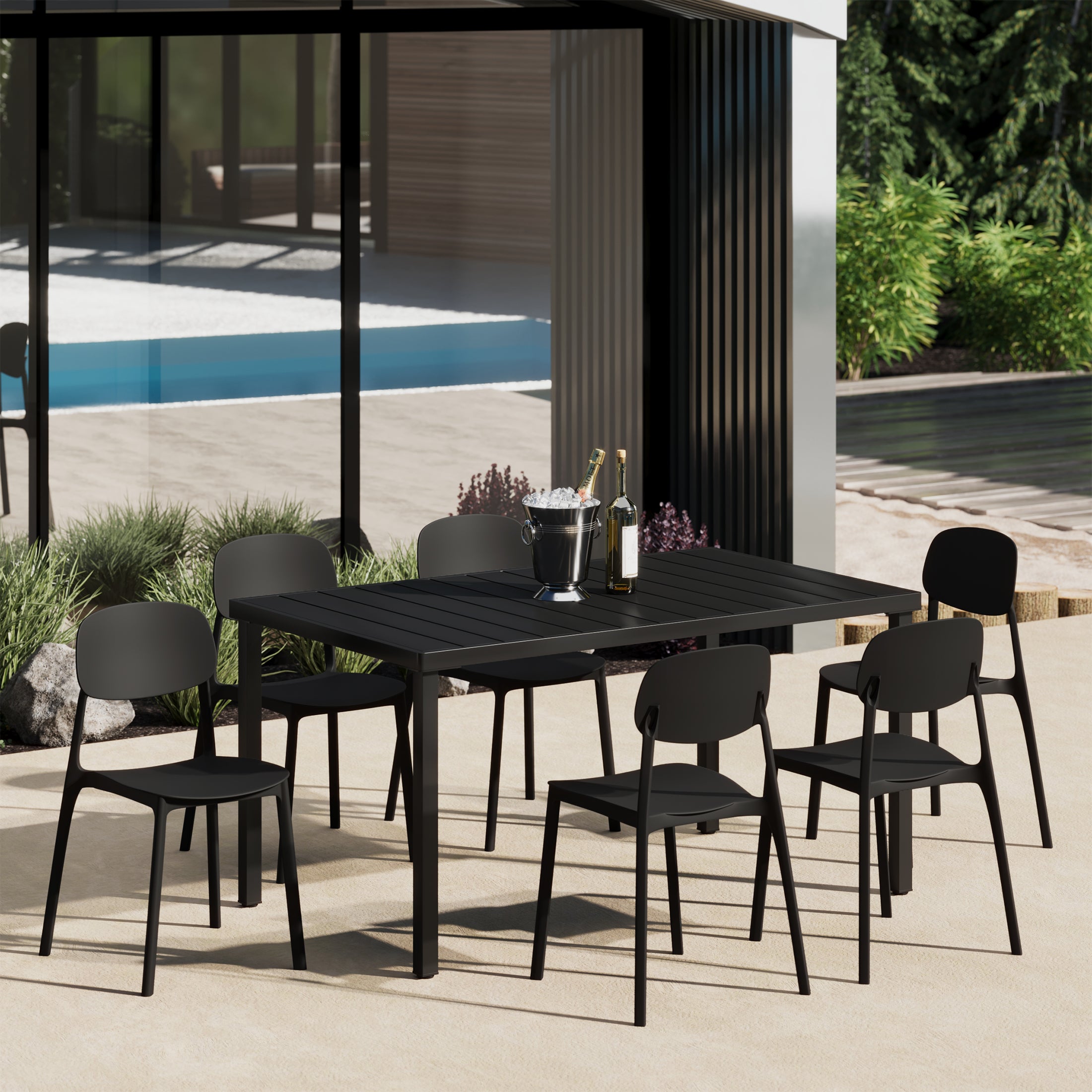 Sunshine 7-Piece Outdoor Rectangular Metal Patio Dining Table Set With Mid-Century Modern Stackable Patio Side Chairs