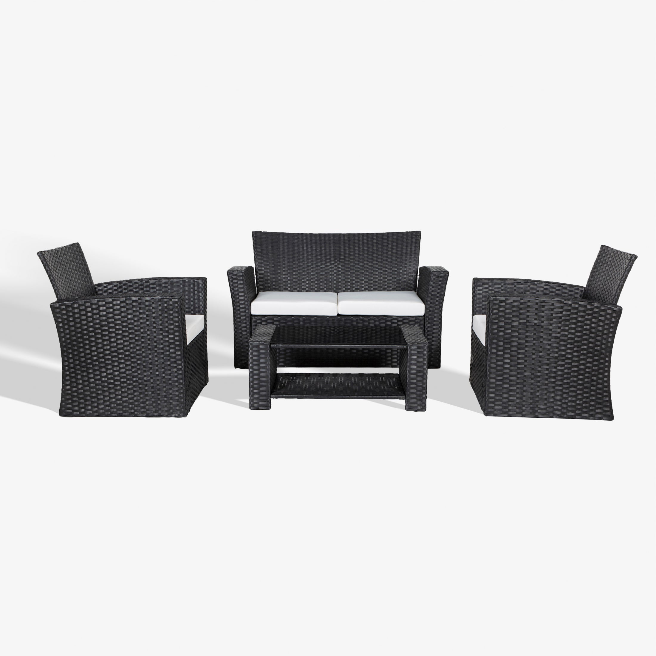 Wynston 4-Piece set Black color base Outdoor / Patio Wicker Rattan Conversation Sofa set with cushions and a Coffee table ( 4 seater )
