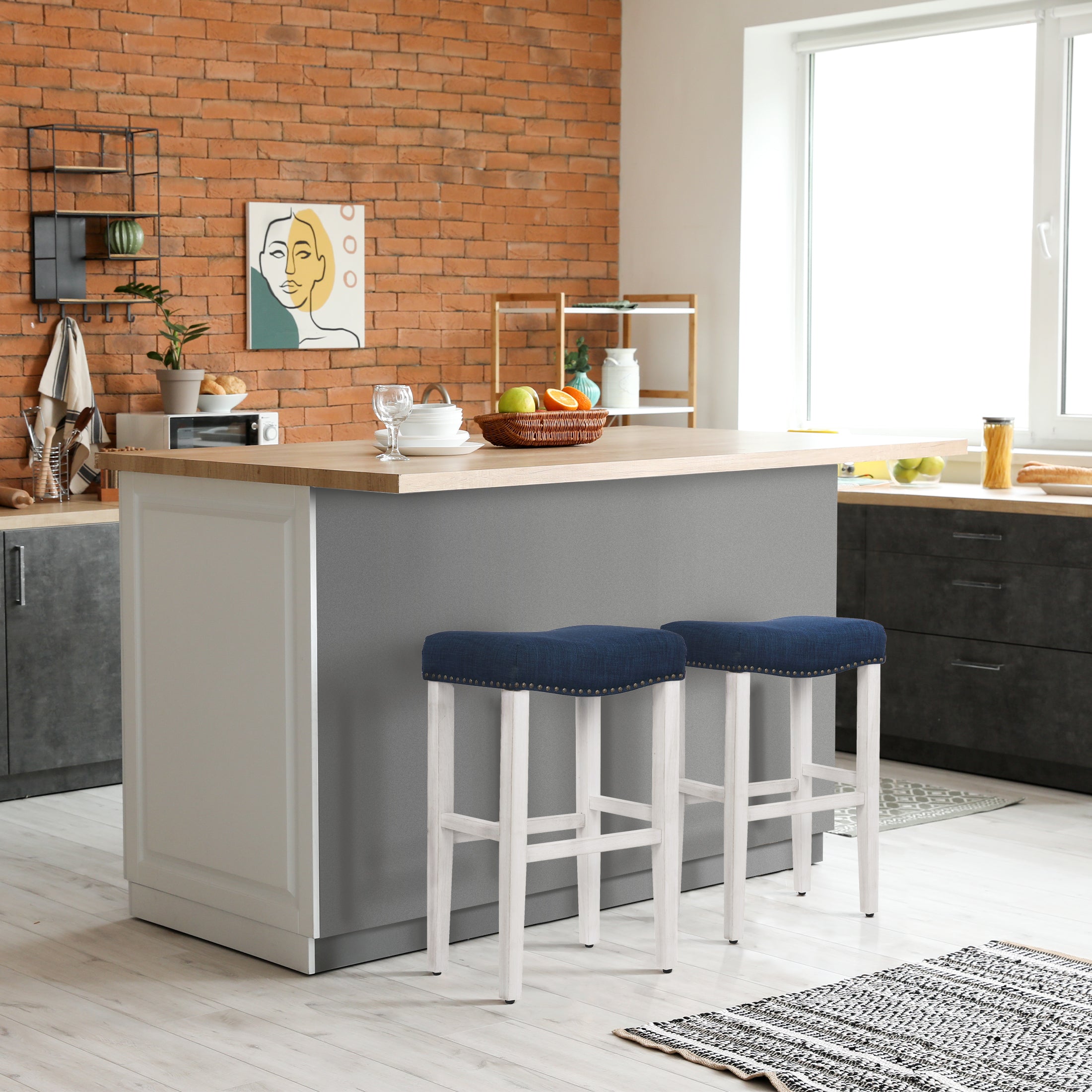 Bulmon 29" upholstered nail head bar counter stools with Antique White color legs (2 piece set)