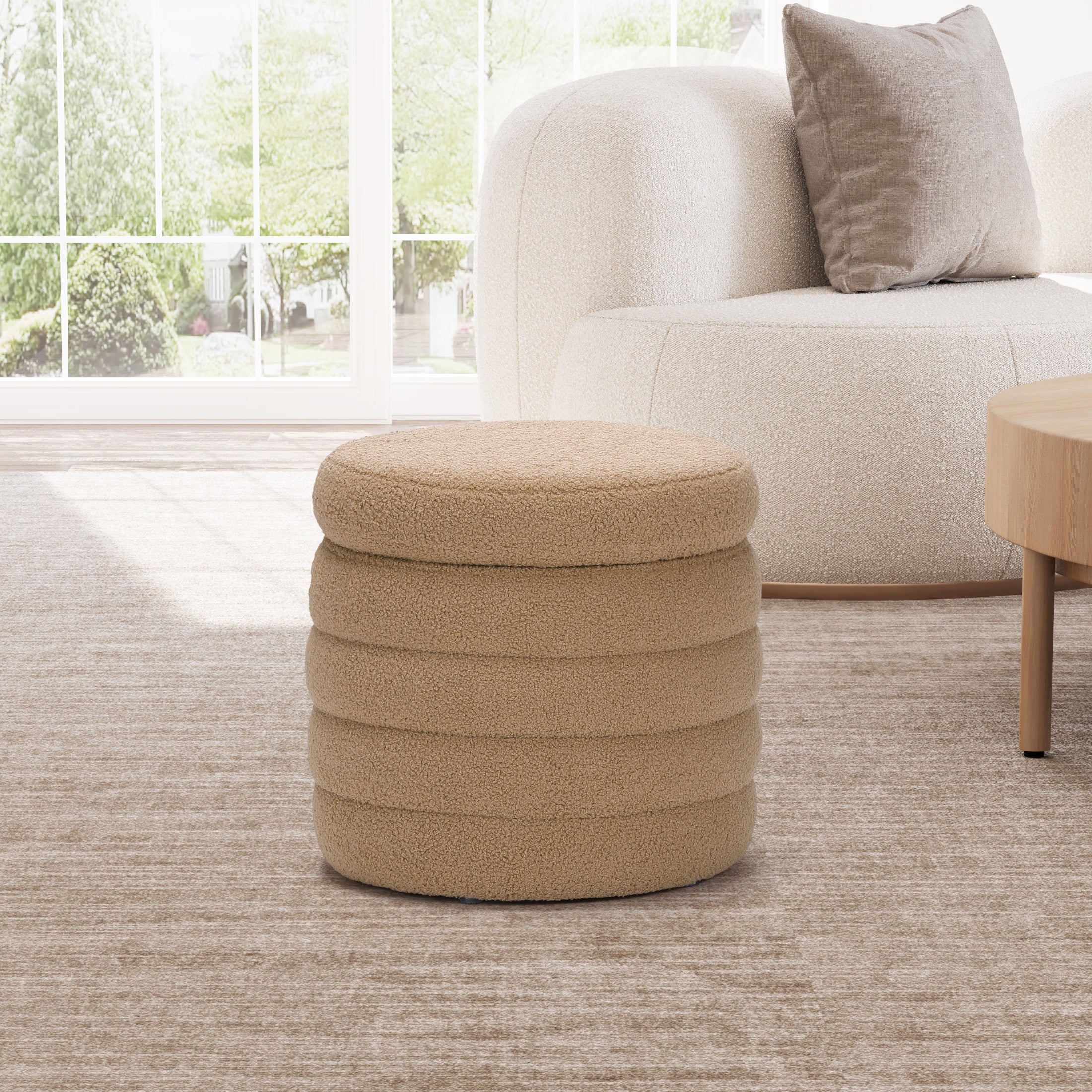 Celine Mid-Century Modern Faux Sherpa Round Storage Ottoman