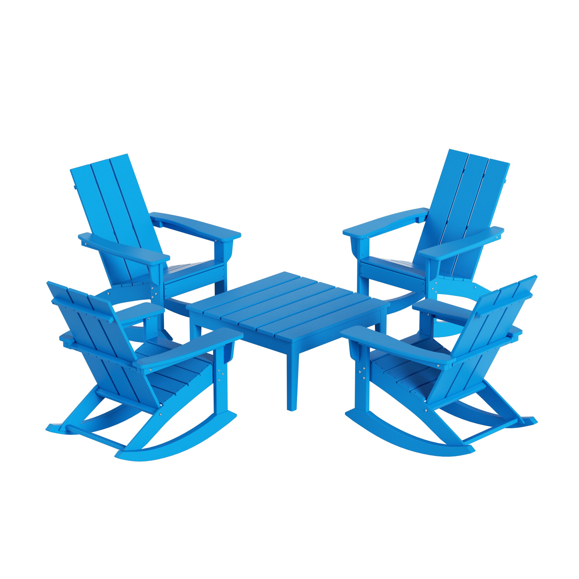 Palms 5-Piece Set Modern Plastic Outdoor Rocking Chairs with Square Side Table