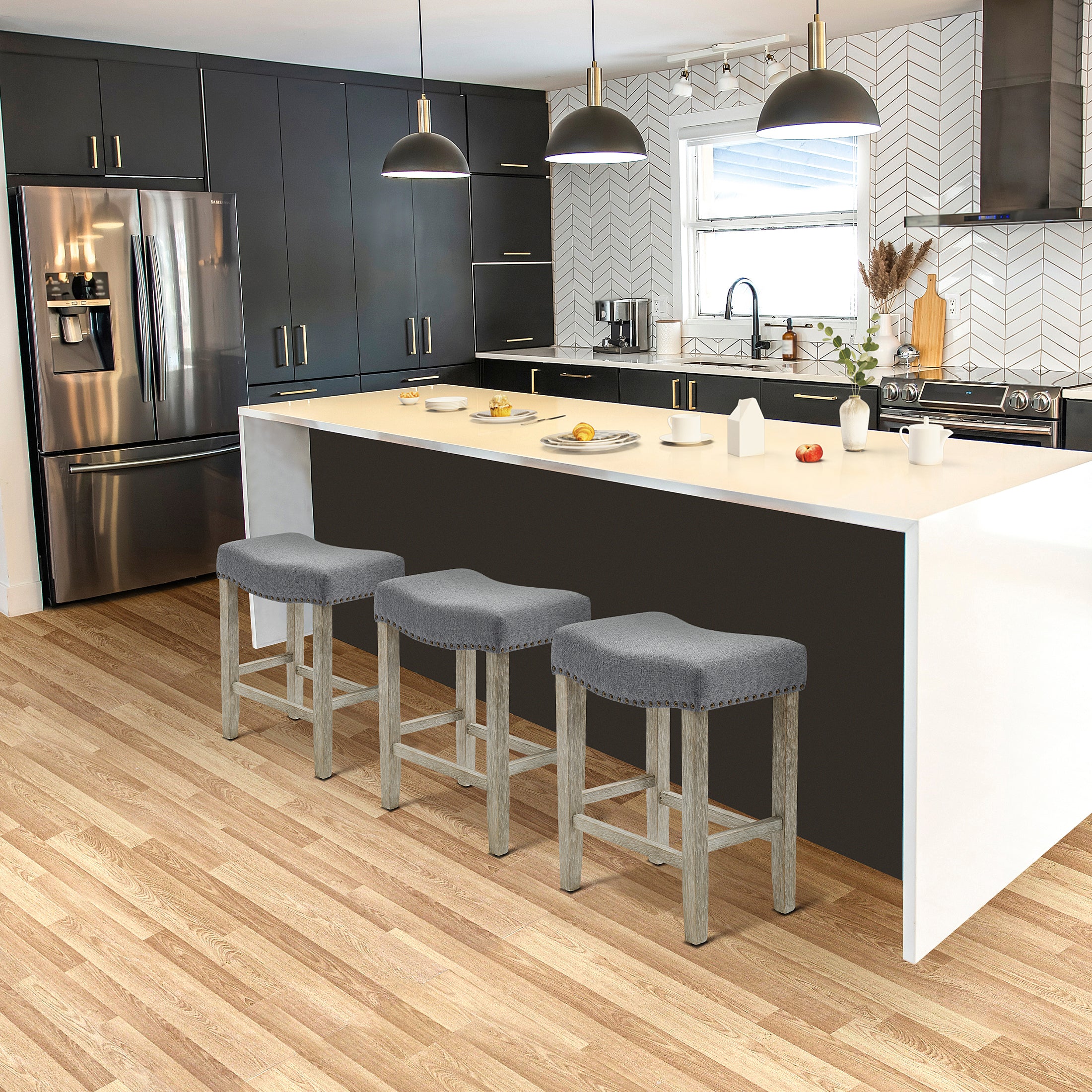 Bulmon 24" Upholstered Saddle Seat Antique Gray Counter Stool (Set of 3)