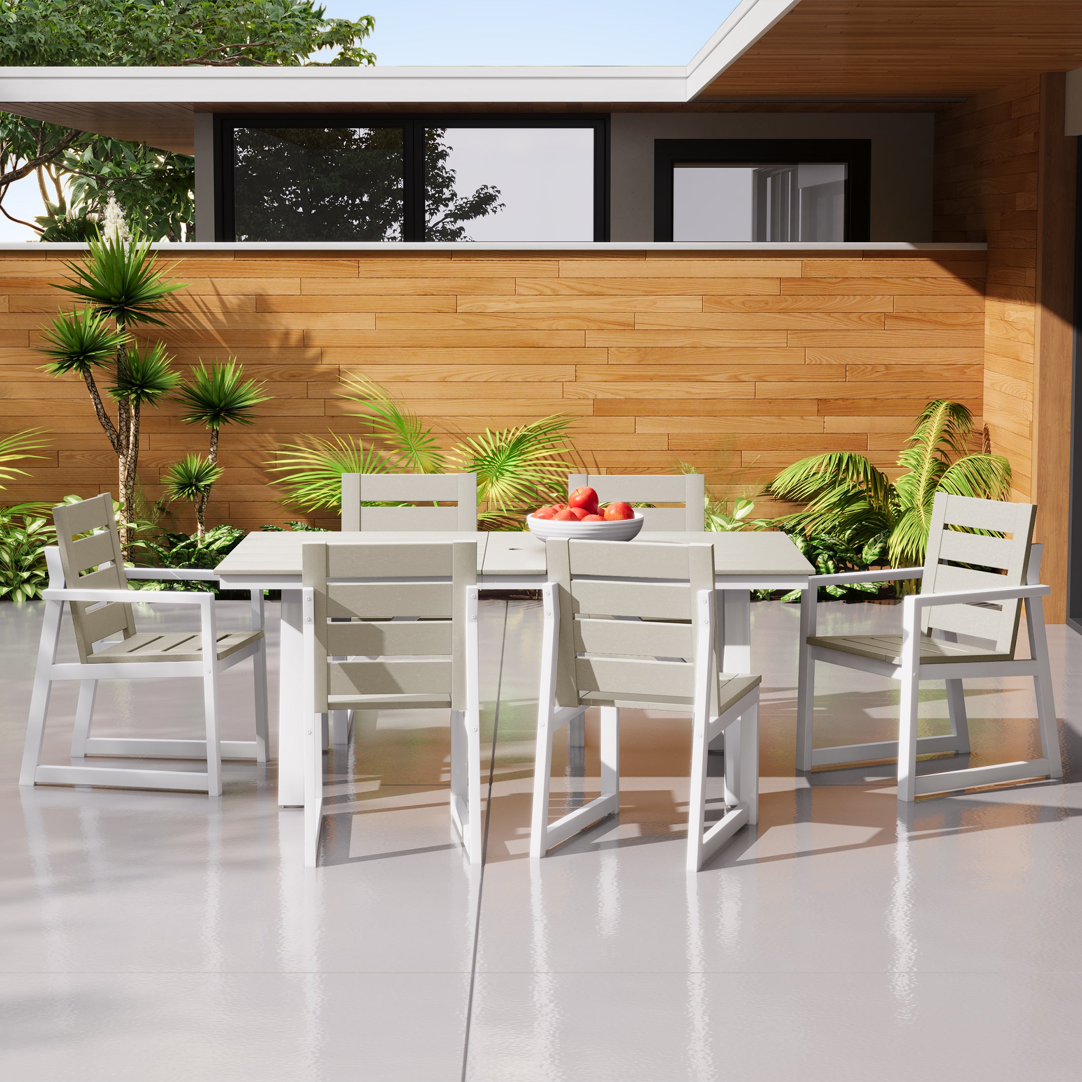 Stinson 7-Piece HDPE Outdoor Furniture Patio Dining Table With Umbrella Hole and Chairs Set For 6
