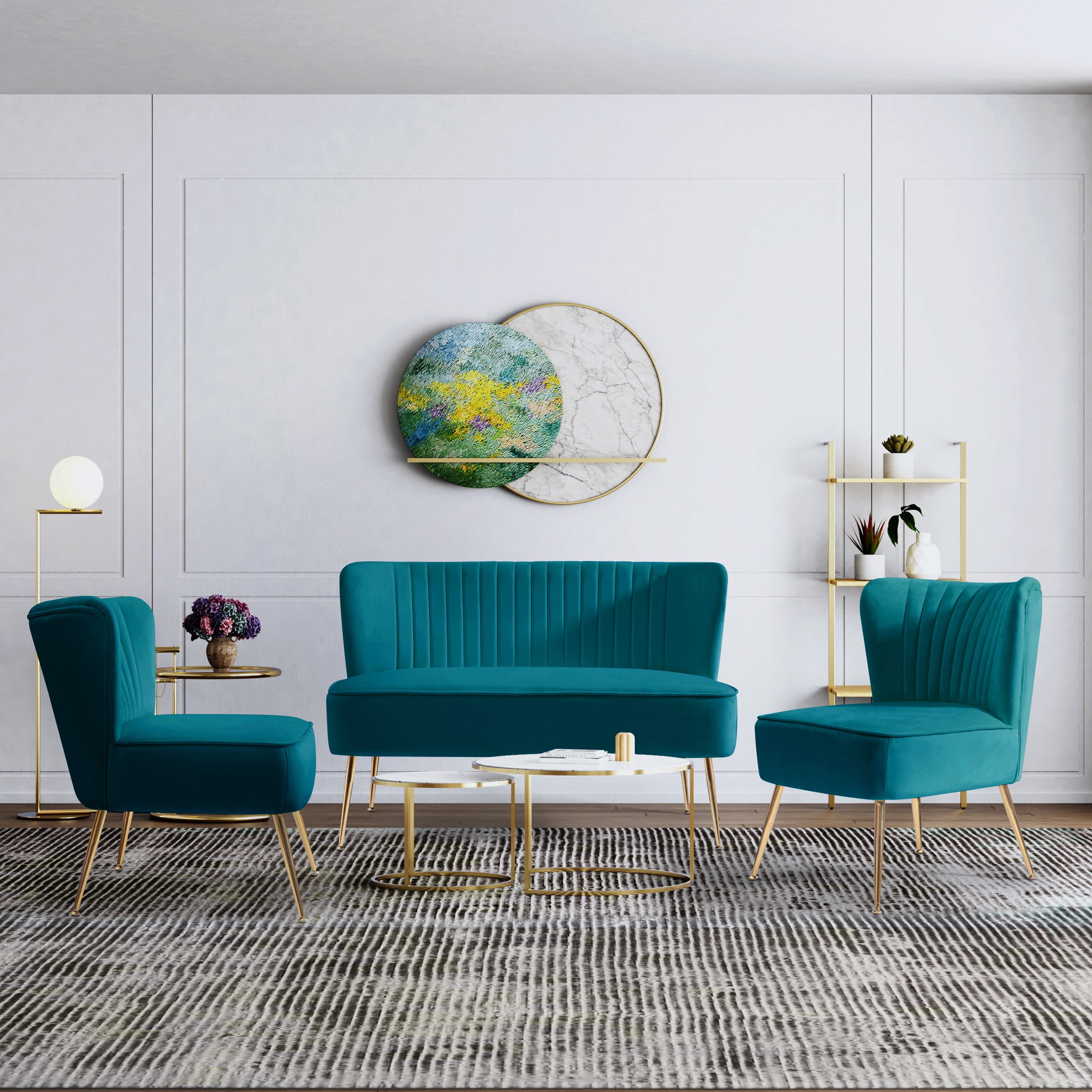 Alaia Mid Century Modern Tufted Velvet Loveseat Sofa and 22" Accent Chair 3-Piece Set