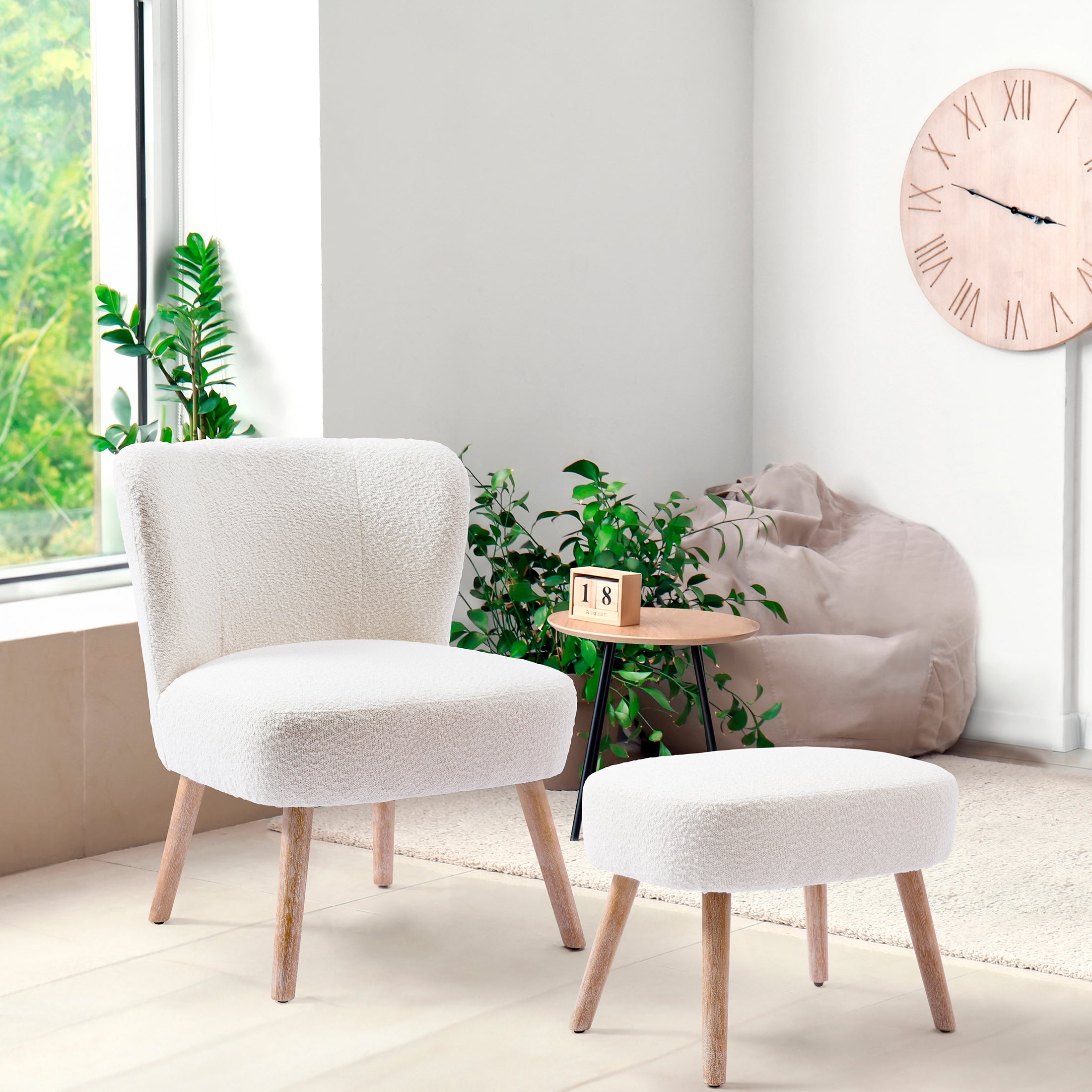 Amélie Mid-Century Boucle Accent Chair with Ottoman Foot Stool Set