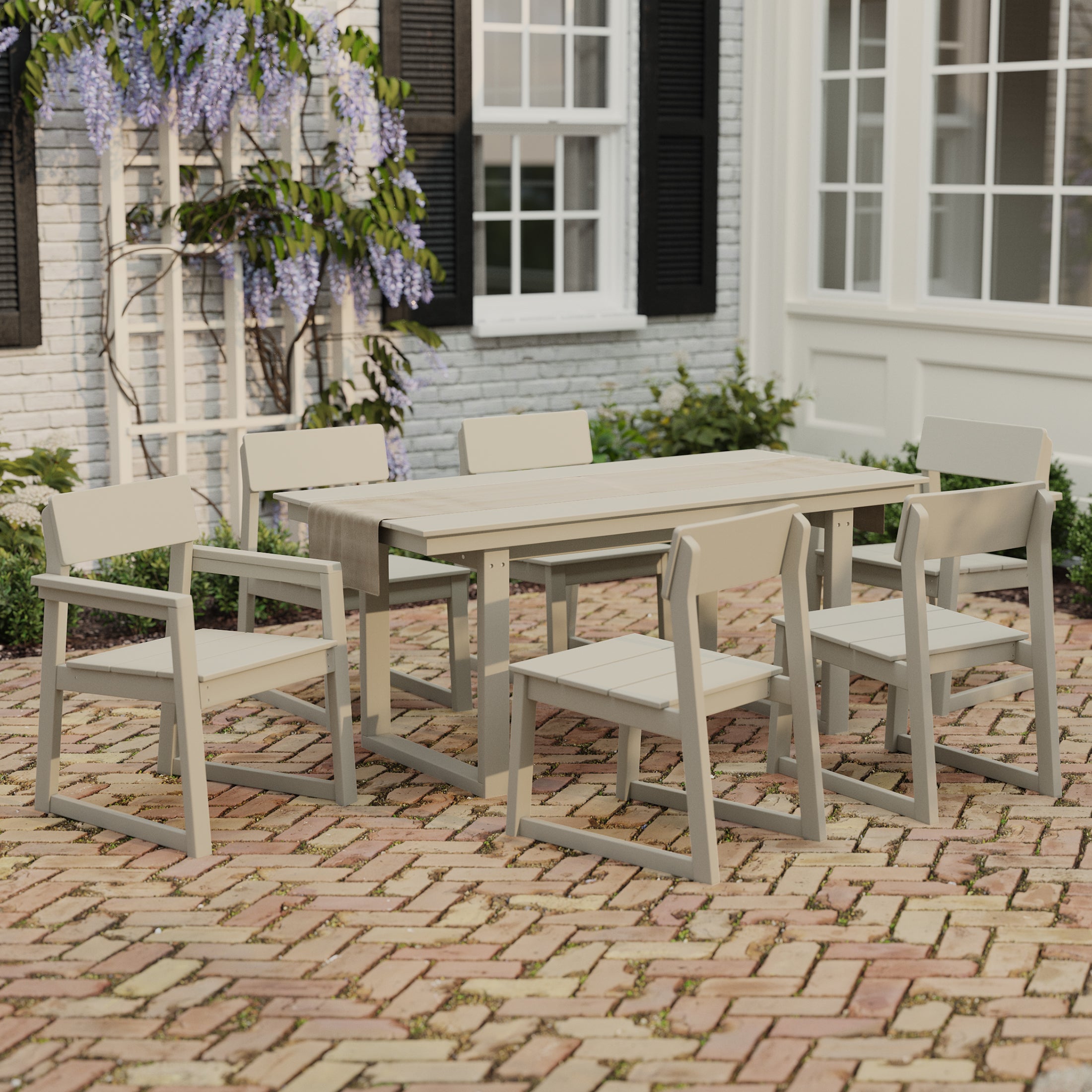 Cambria 7-Piece Modern HDPE Outdoor Patio Dining Table Set With Umbrella Hole