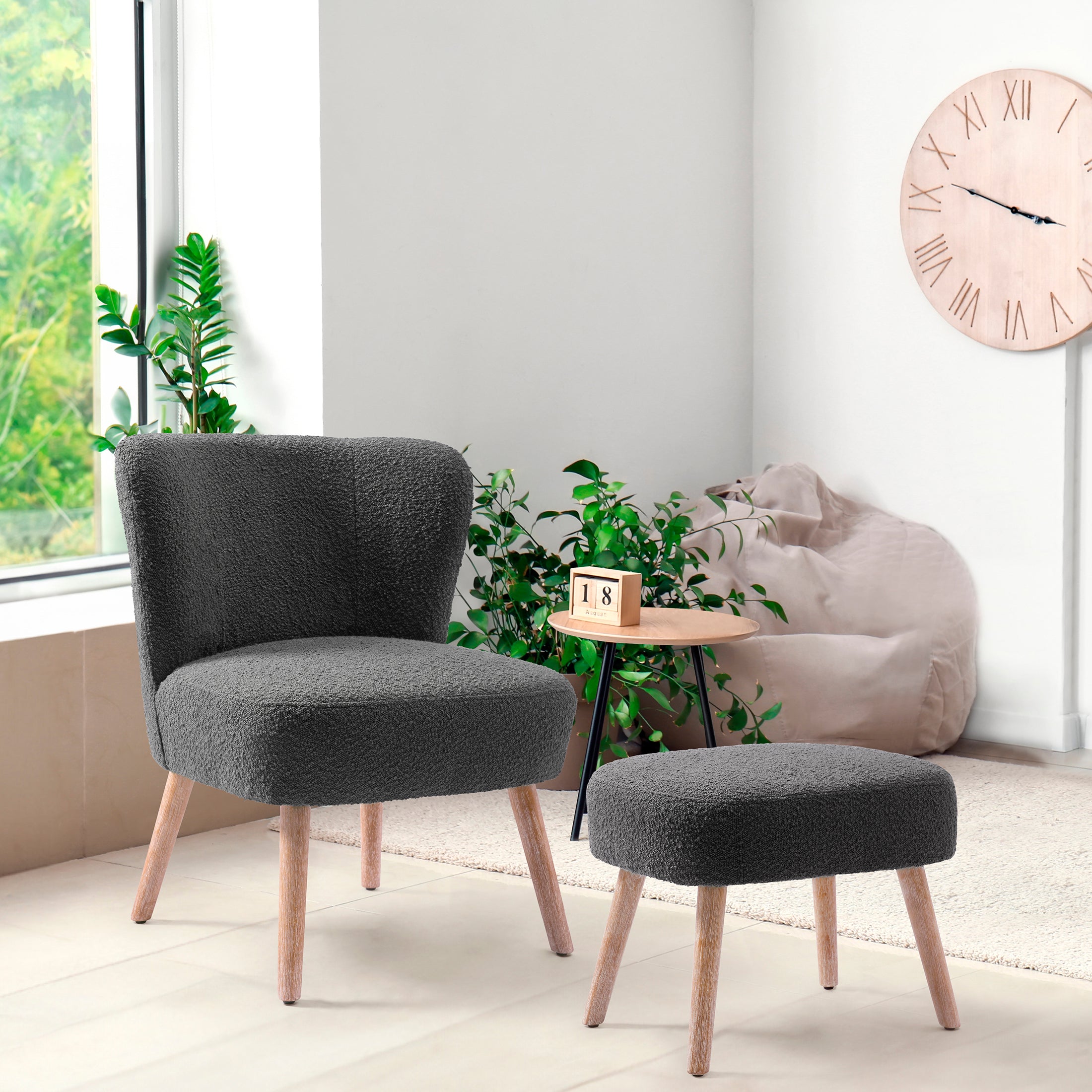 Amélie Mid-Century Boucle Accent Chair with Ottoman Foot Stool Set