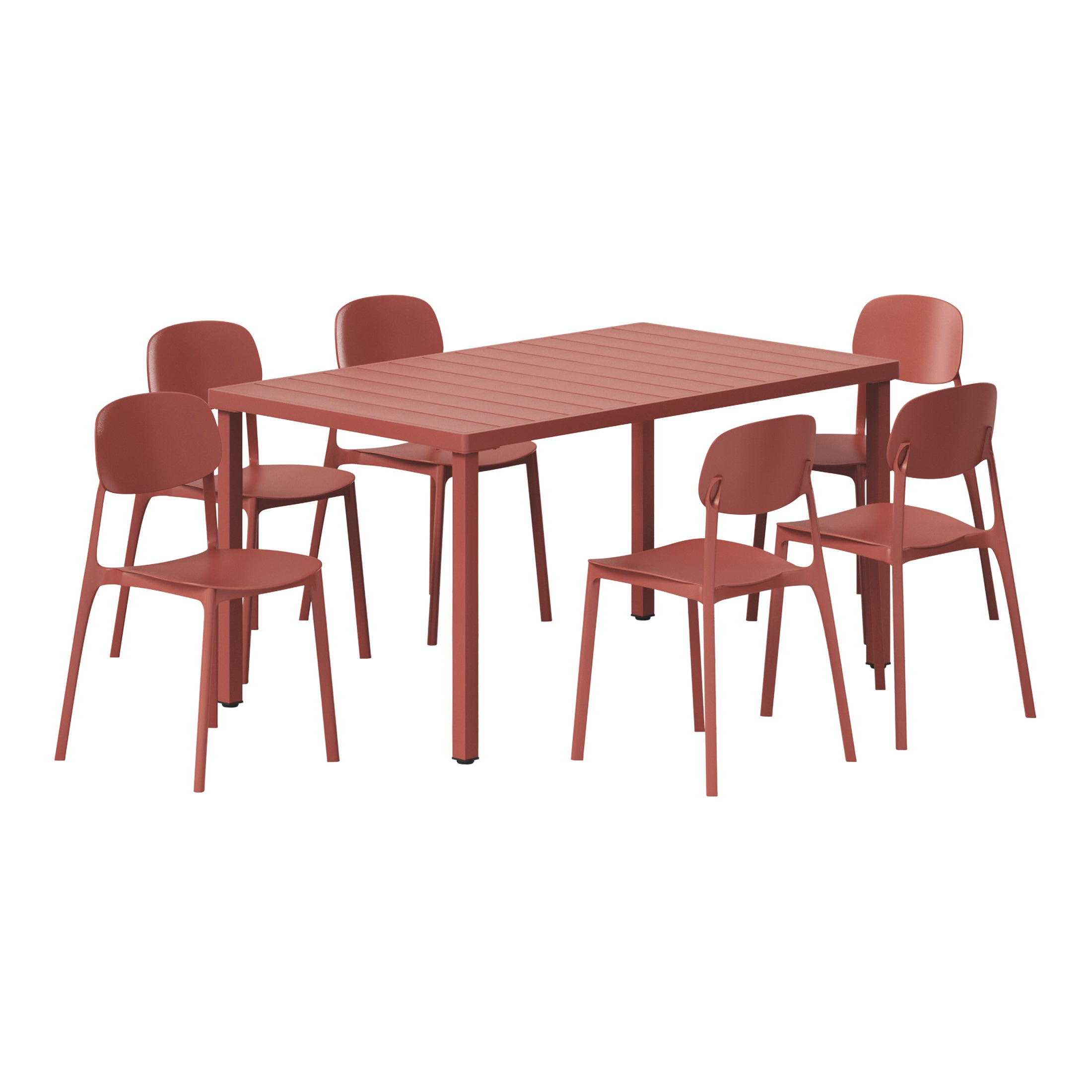 Sunshine 7-Piece Outdoor Rectangular Metal Patio Dining Table Set With Mid-Century Modern Stackable Patio Side Chairs