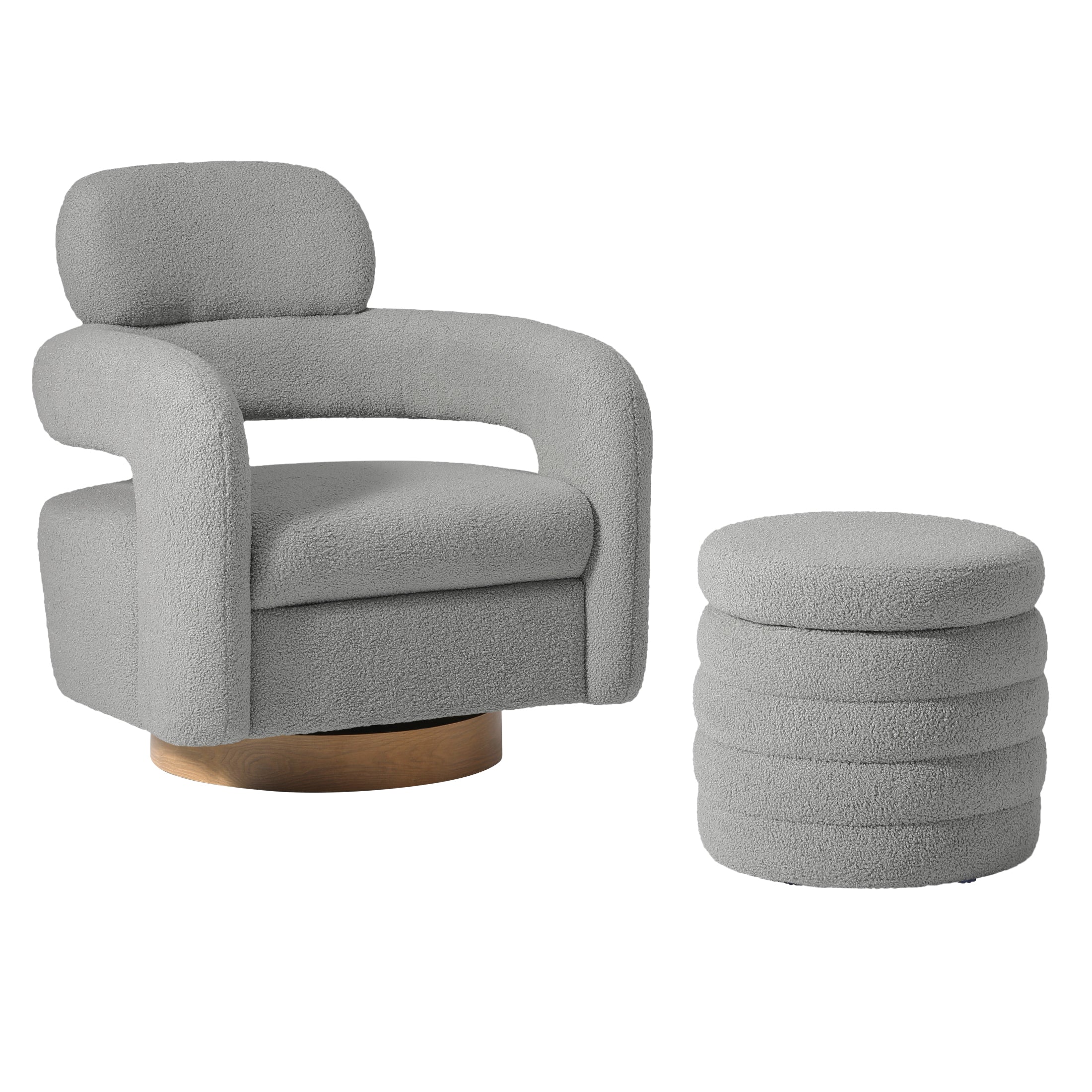 Celine Mid-Century Modern Sherpa Swivel Barrel Accent Chair With Storage Ottoman