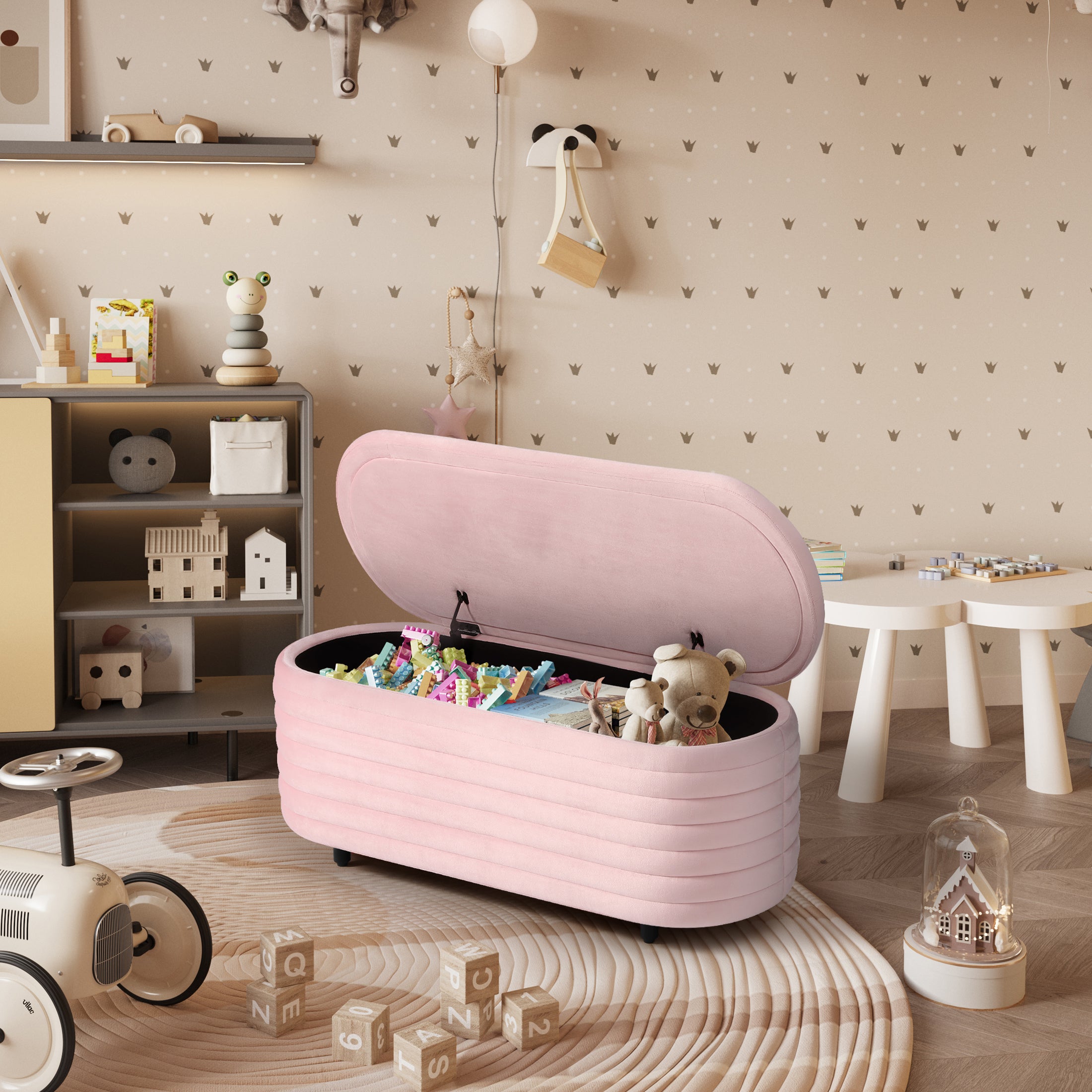 Alaia 42" Wide Mid-Century Modern Upholstered Velvet Tufted Oval Storage Ottoman Bench